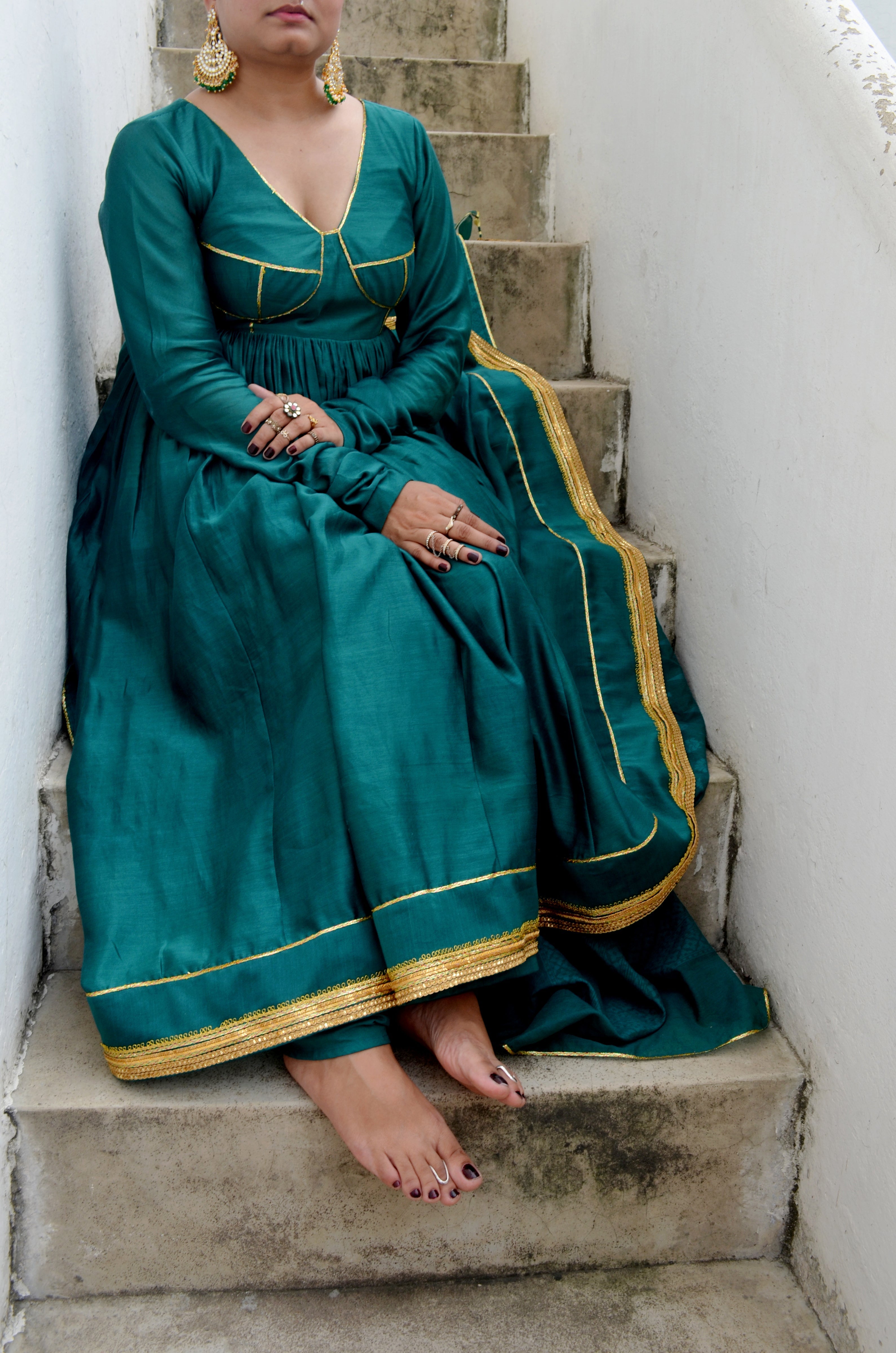 Green Chanderi Anakali with Dupatta by Ahmev with Chanderi Silk, Co-ord Sets, Cotton, Embellished, Evening Wear, Festive Wear, Green, Kurta Set with Dupattas, Party Wear, Regular Fit, Rumi, Rumi by Ahmev, Solids, Womenswear at Kamakhyaa for sustainable fashion