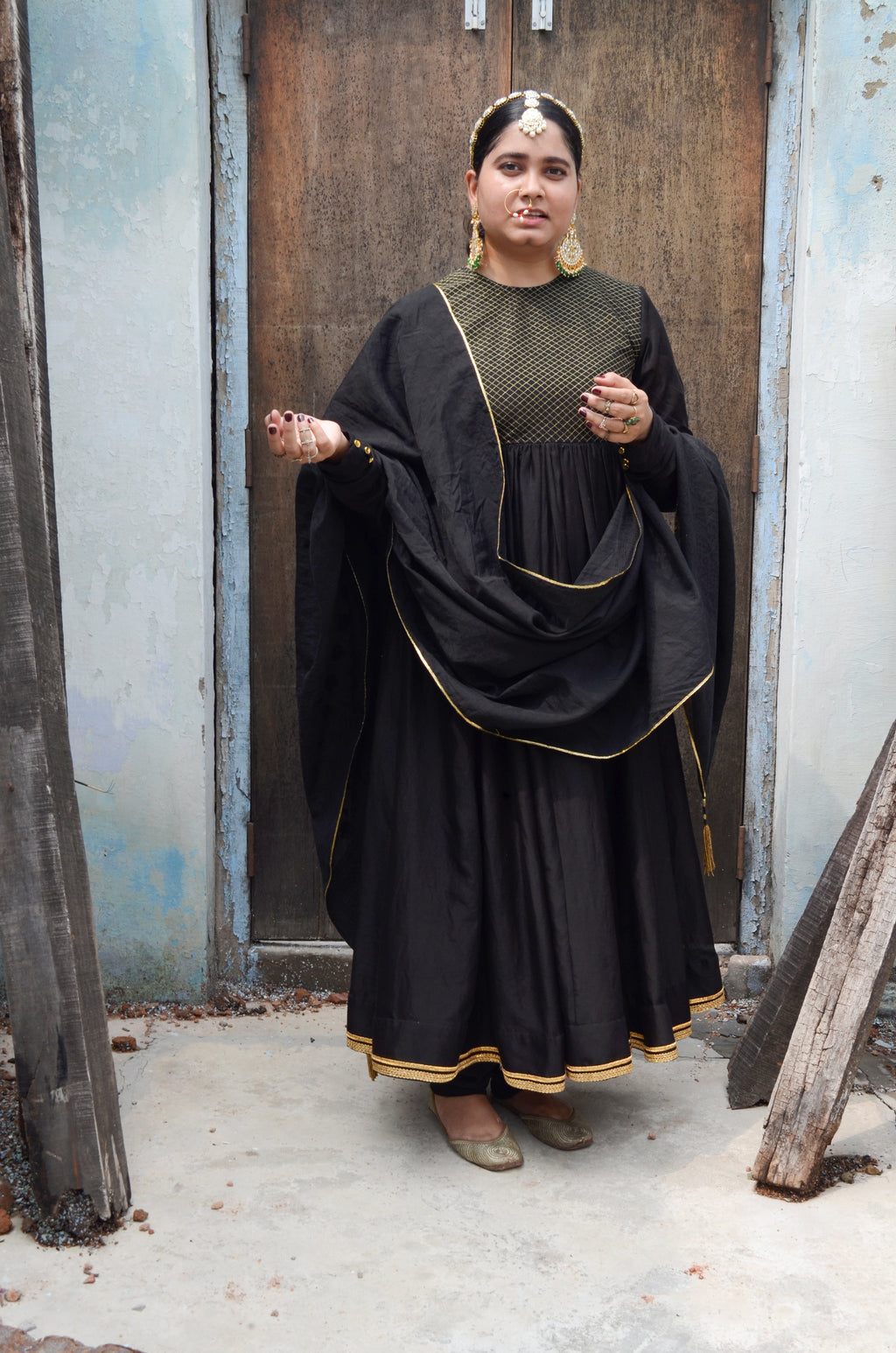 Black Chanderi Anakali with Dupatta by Ahmev with Black, Chanderi Silk, Co-ord Sets, Cotton, Embellished, Evening Wear, Festive Wear, Kurta Set with Dupattas, Party Wear, Regular Fit, Rumi, Rumi by Ahmev, Solids, Womenswear at Kamakhyaa for sustainable fashion