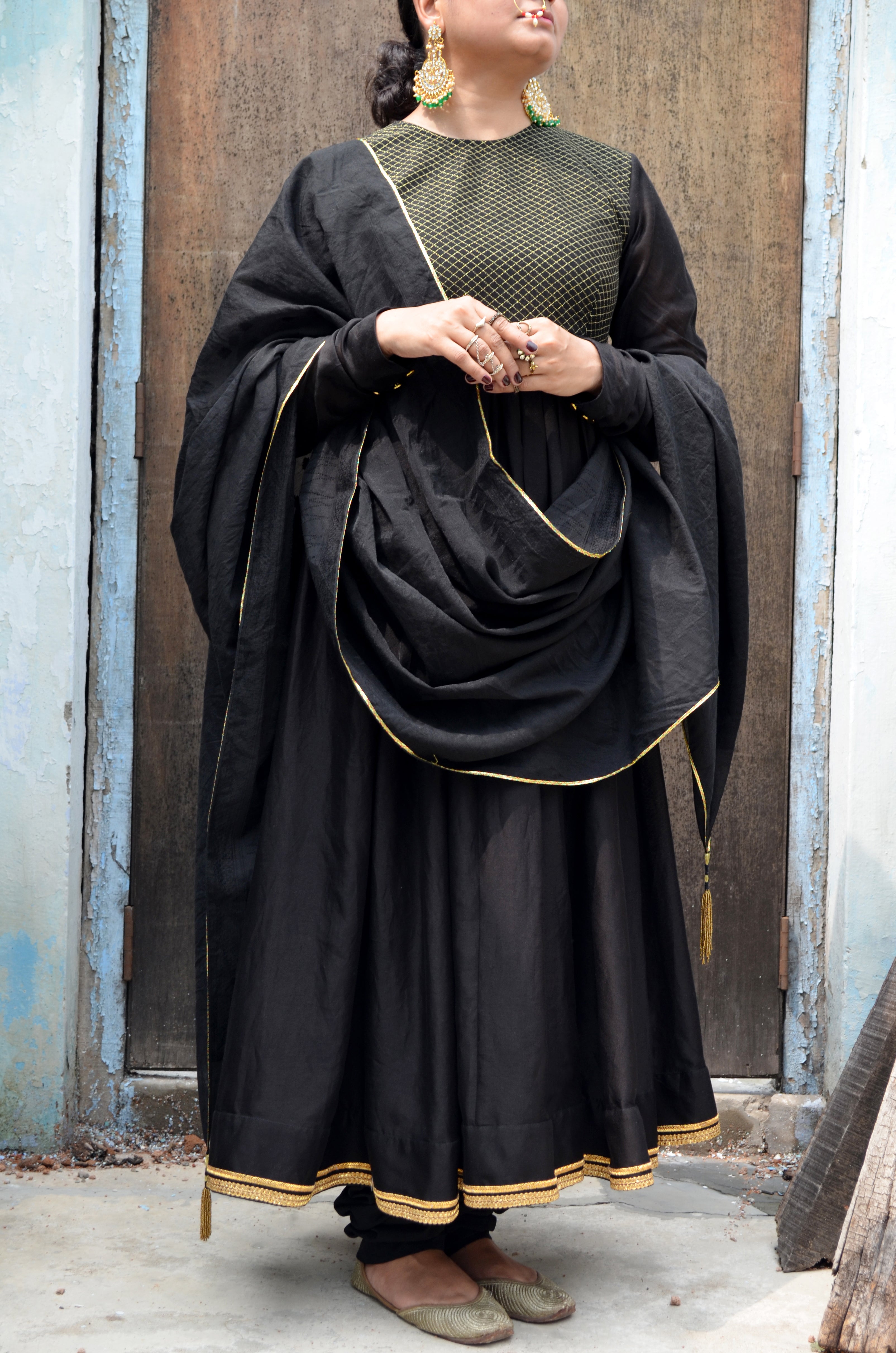 Black Chanderi Anakali with Dupatta by Ahmev with Black, Chanderi Silk, Co-ord Sets, Cotton, Embellished, Evening Wear, Festive Wear, Kurta Set with Dupattas, Party Wear, Regular Fit, Rumi, Rumi by Ahmev, Solids, Womenswear at Kamakhyaa for sustainable fashion