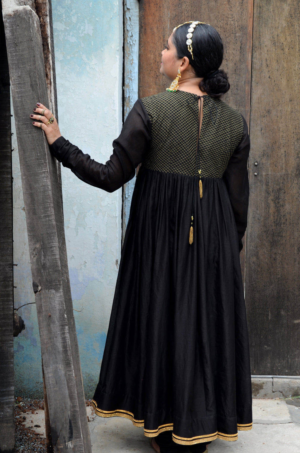 Black Chanderi Anakali with Dupatta by Ahmev with Black, Chanderi Silk, Co-ord Sets, Cotton, Embellished, Evening Wear, Festive Wear, Kurta Set with Dupattas, Party Wear, Regular Fit, Rumi, Rumi by Ahmev, Solids, Womenswear at Kamakhyaa for sustainable fashion
