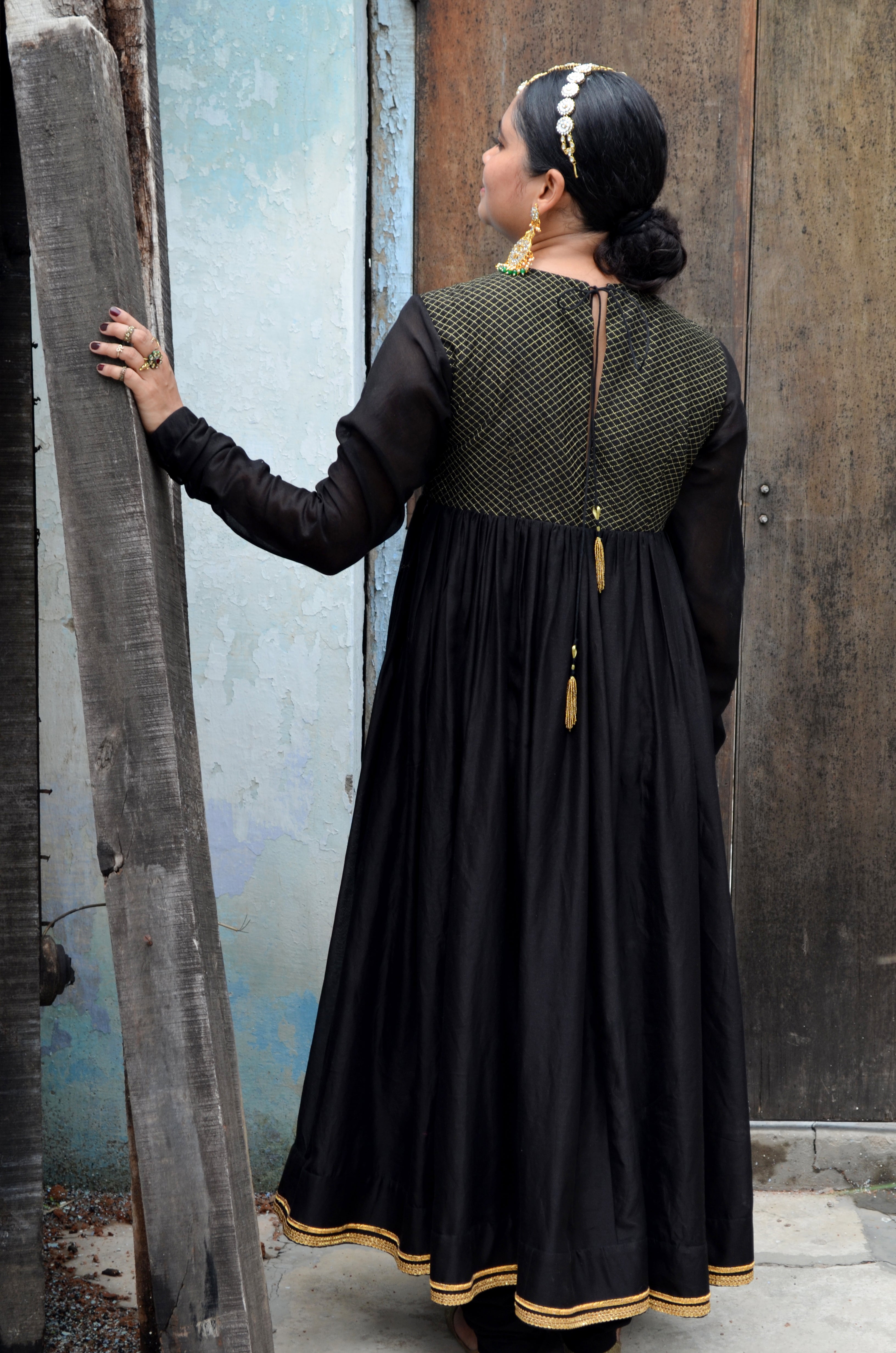 Black Chanderi Anakali with Dupatta by Ahmev with Black, Chanderi Silk, Co-ord Sets, Cotton, Embellished, Evening Wear, Festive Wear, Kurta Set with Dupattas, Party Wear, Regular Fit, Rumi, Rumi by Ahmev, Solids, Womenswear at Kamakhyaa for sustainable fashion