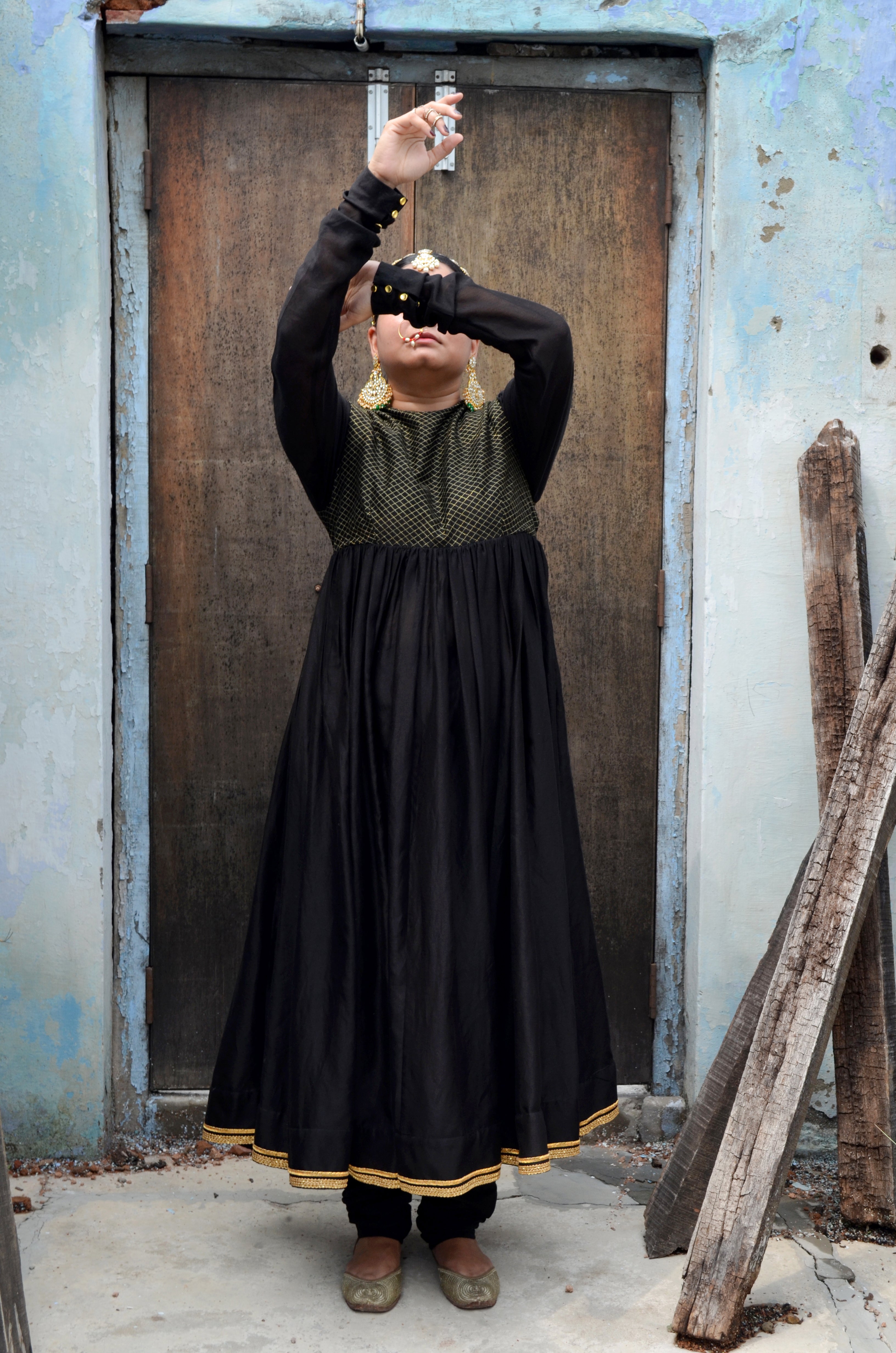 Black Chanderi Anakali with Dupatta by Ahmev with Black, Chanderi Silk, Co-ord Sets, Cotton, Embellished, Evening Wear, Festive Wear, Kurta Set with Dupattas, Party Wear, Regular Fit, Rumi, Rumi by Ahmev, Solids, Womenswear at Kamakhyaa for sustainable fashion