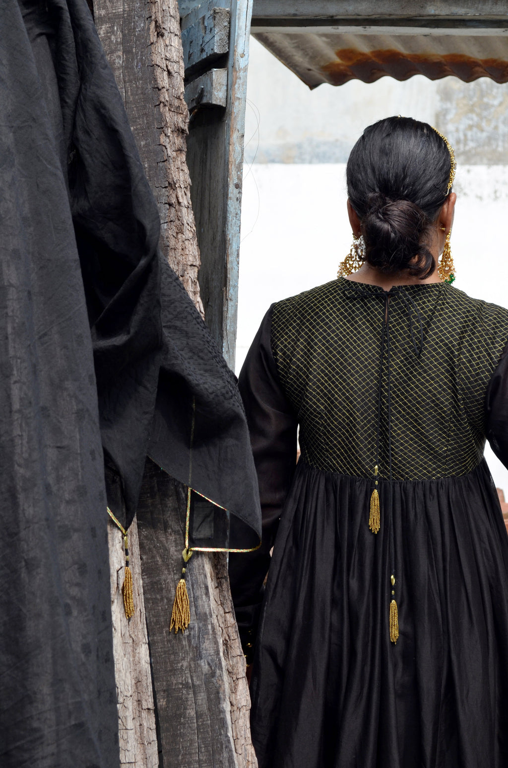 Black Chanderi Anakali with Dupatta by Ahmev with Black, Chanderi Silk, Co-ord Sets, Cotton, Embellished, Evening Wear, Festive Wear, Kurta Set with Dupattas, Party Wear, Regular Fit, Rumi, Rumi by Ahmev, Solids, Womenswear at Kamakhyaa for sustainable fashion