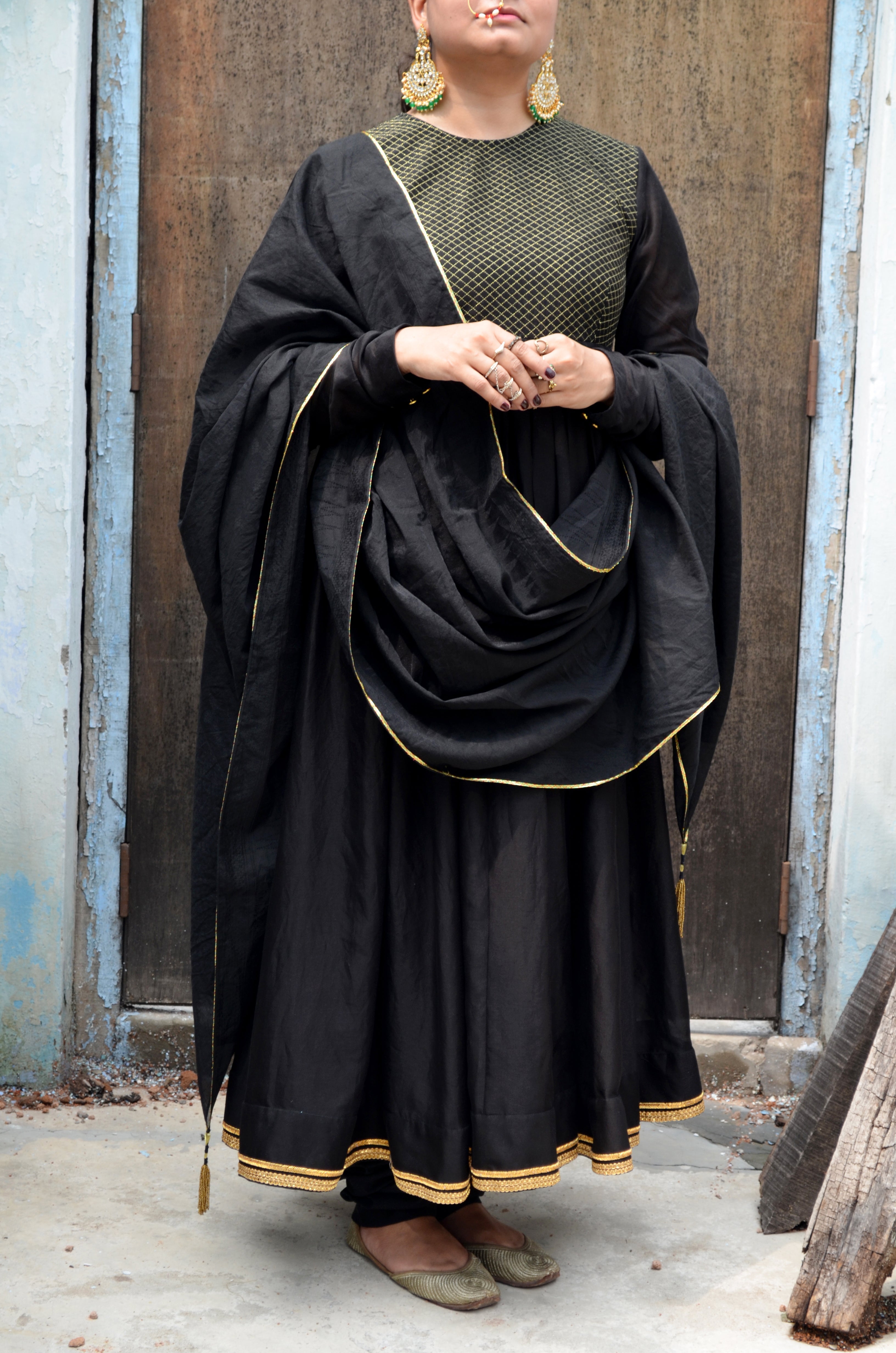 Black Chanderi Anakali with Dupatta by Ahmev with Black, Chanderi Silk, Co-ord Sets, Cotton, Embellished, Evening Wear, Festive Wear, Kurta Set with Dupattas, Party Wear, Regular Fit, Rumi, Rumi by Ahmev, Solids, Womenswear at Kamakhyaa for sustainable fashion