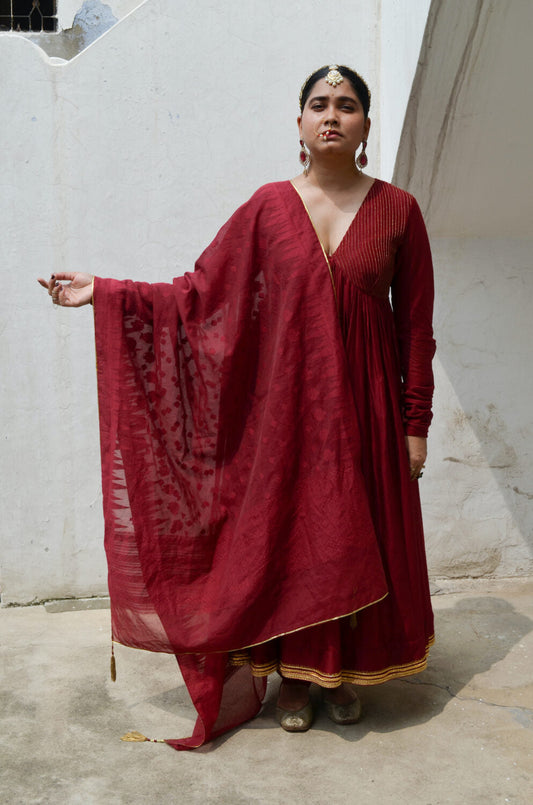 Red Chanderi Anakali with Dupatta by Ahmev with Chanderi Silk, Co-ord Sets, Cotton, Embellished, Evening Wear, Festive Wear, Kurta Set with Dupattas, Party Wear, Red, Regular Fit, Rumi, Rumi by Ahmev, Solids, Womenswear at Kamakhyaa for sustainable fashion
