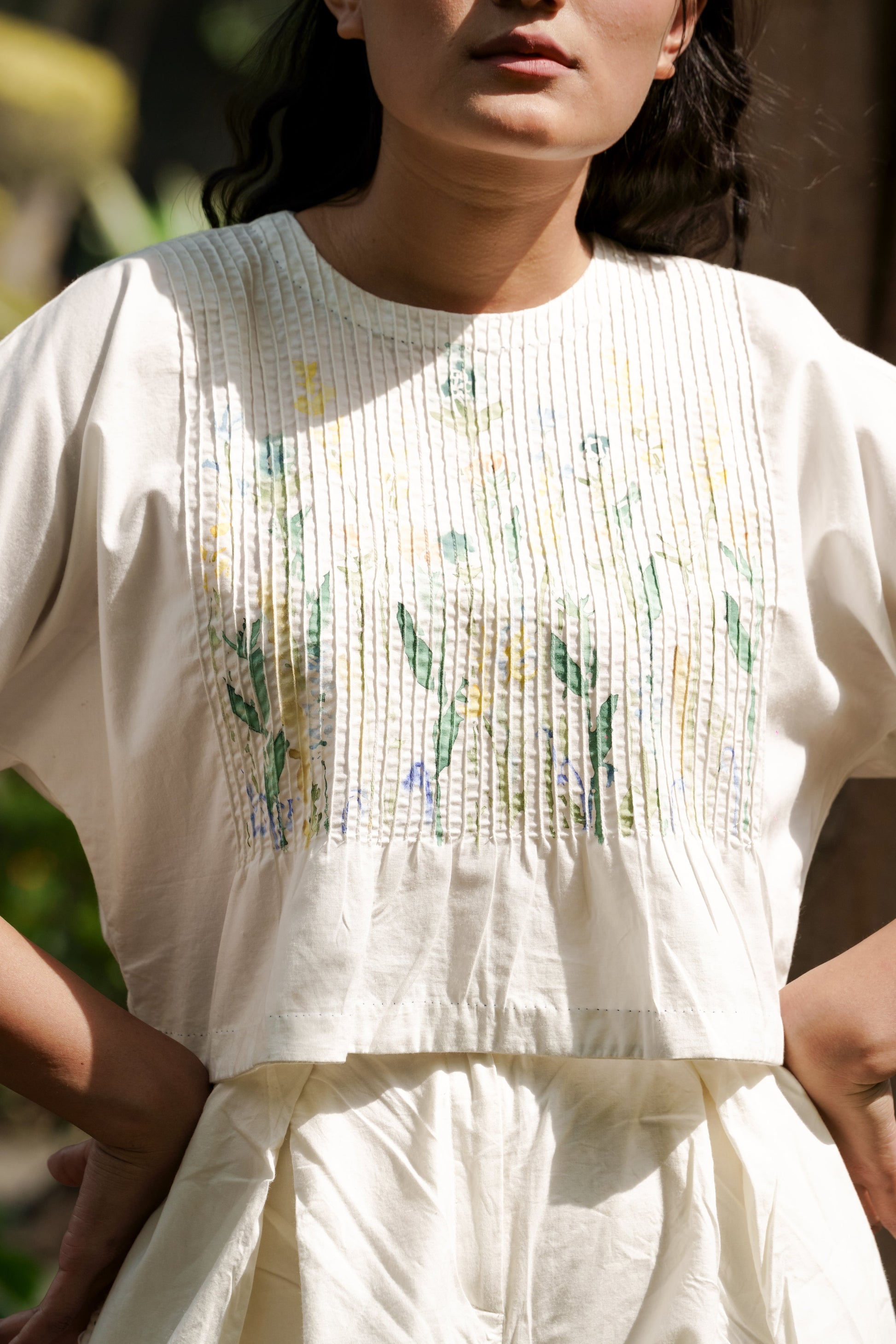 White Striped Top by Ahmev with Batik, Casual Wear, Cottage Garden, Cottage Garden by Ahmev, Cotton, Crop Tops, Hanpainted, Highend fashion, July Sale, July Sale 2023, Natural, Regular Fit, Stripes, Tops, White, Womenswear at Kamakhyaa for sustainable fashion
