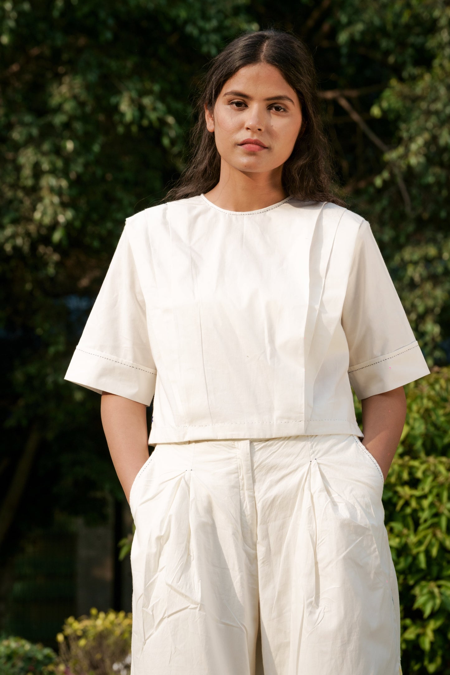 White Pleated Top by Ahmev with Casual Wear, Cottage Garden, Cottage Garden by Ahmev, Cotton, Crop Tops, July Sale, July Sale 2023, Natural, Regular Fit, Solids, Tops, White, Womenswear at Kamakhyaa for sustainable fashion