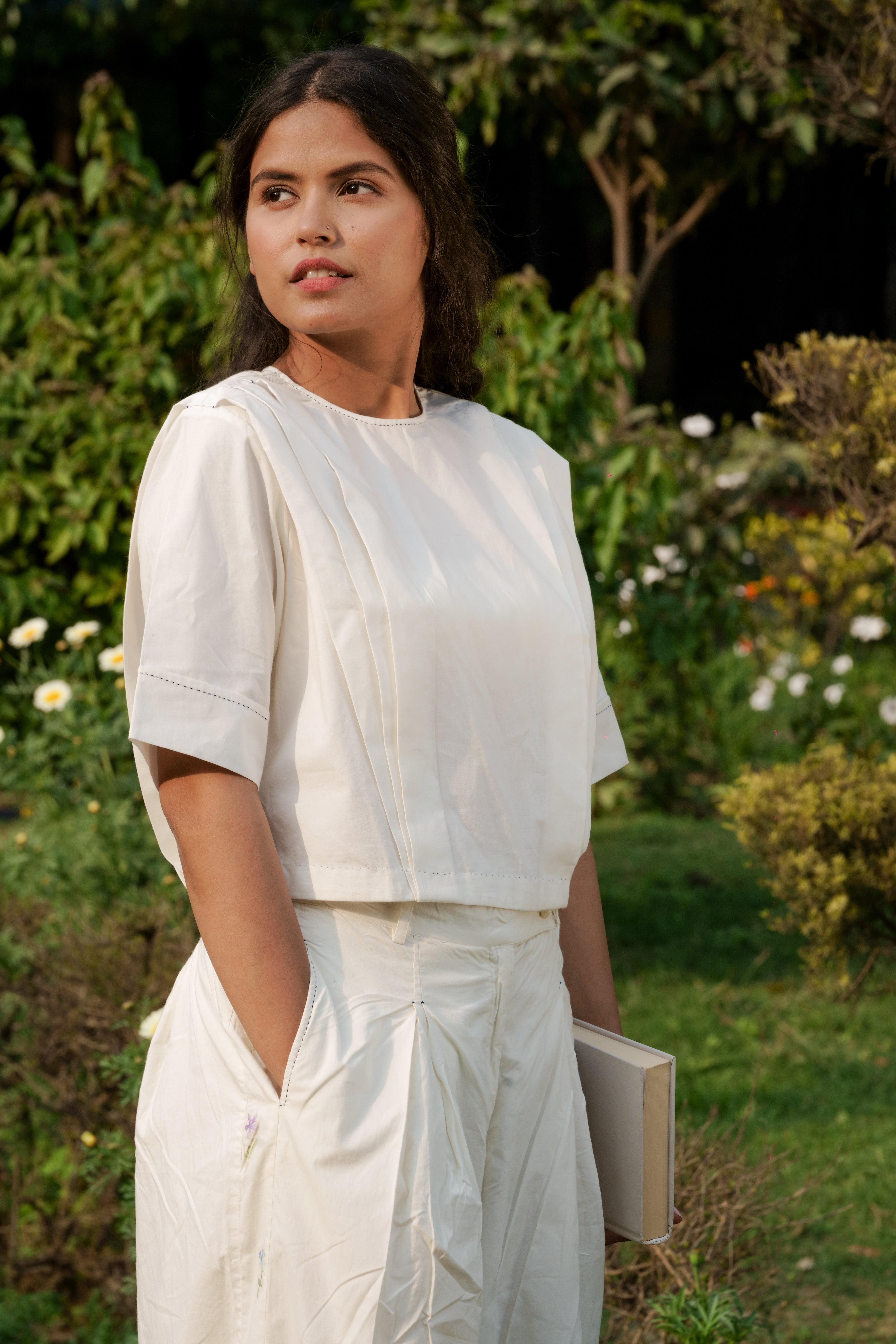 White Pleated Top by Ahmev with Casual Wear, Cottage Garden, Cottage Garden by Ahmev, Cotton, Crop Tops, July Sale, July Sale 2023, Natural, Regular Fit, Solids, Tops, White, Womenswear at Kamakhyaa for sustainable fashion