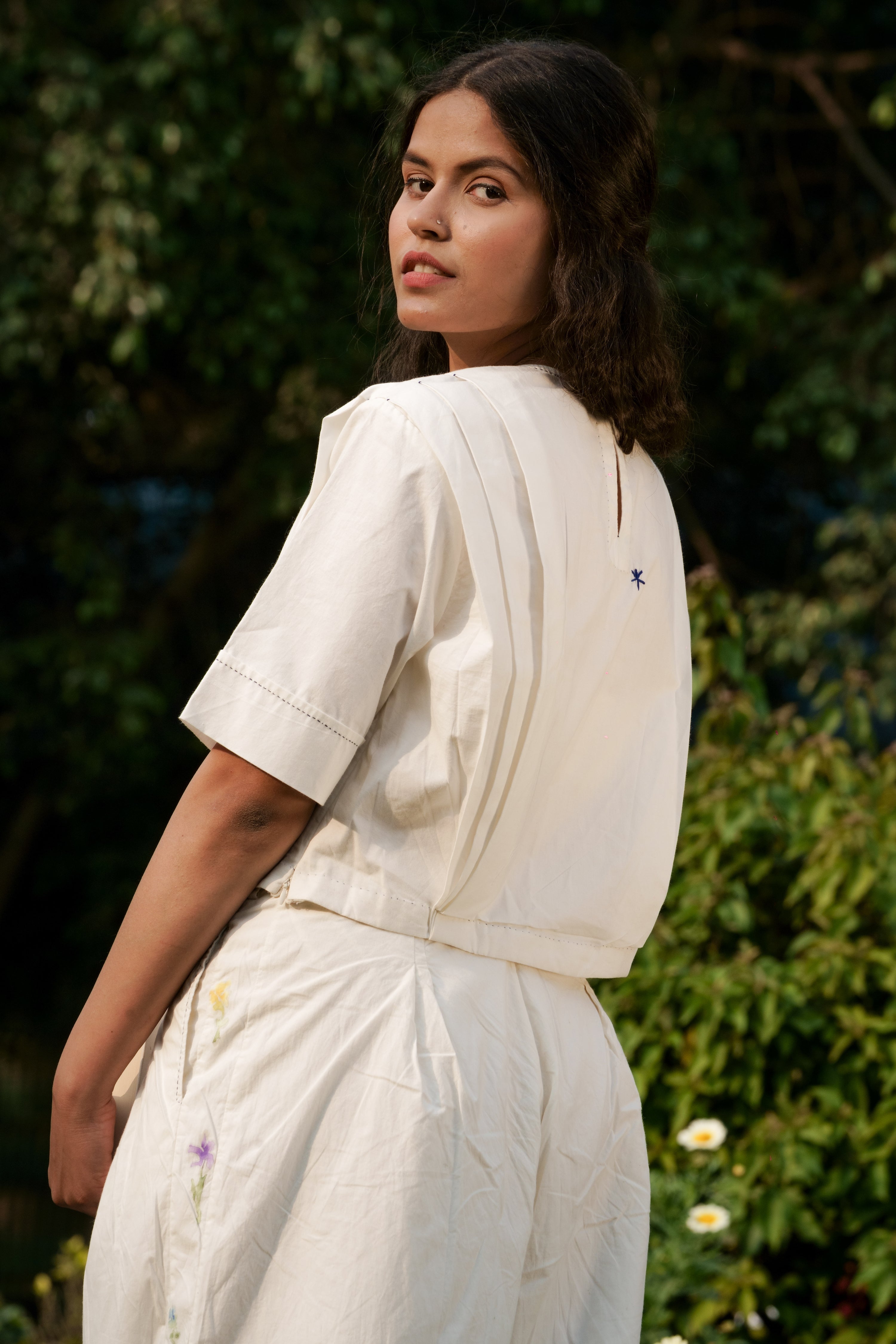 White Pleated Top by Ahmev with Casual Wear, Cottage Garden, Cottage Garden by Ahmev, Cotton, Crop Tops, July Sale, July Sale 2023, Natural, Regular Fit, Solids, Tops, White, Womenswear at Kamakhyaa for sustainable fashion