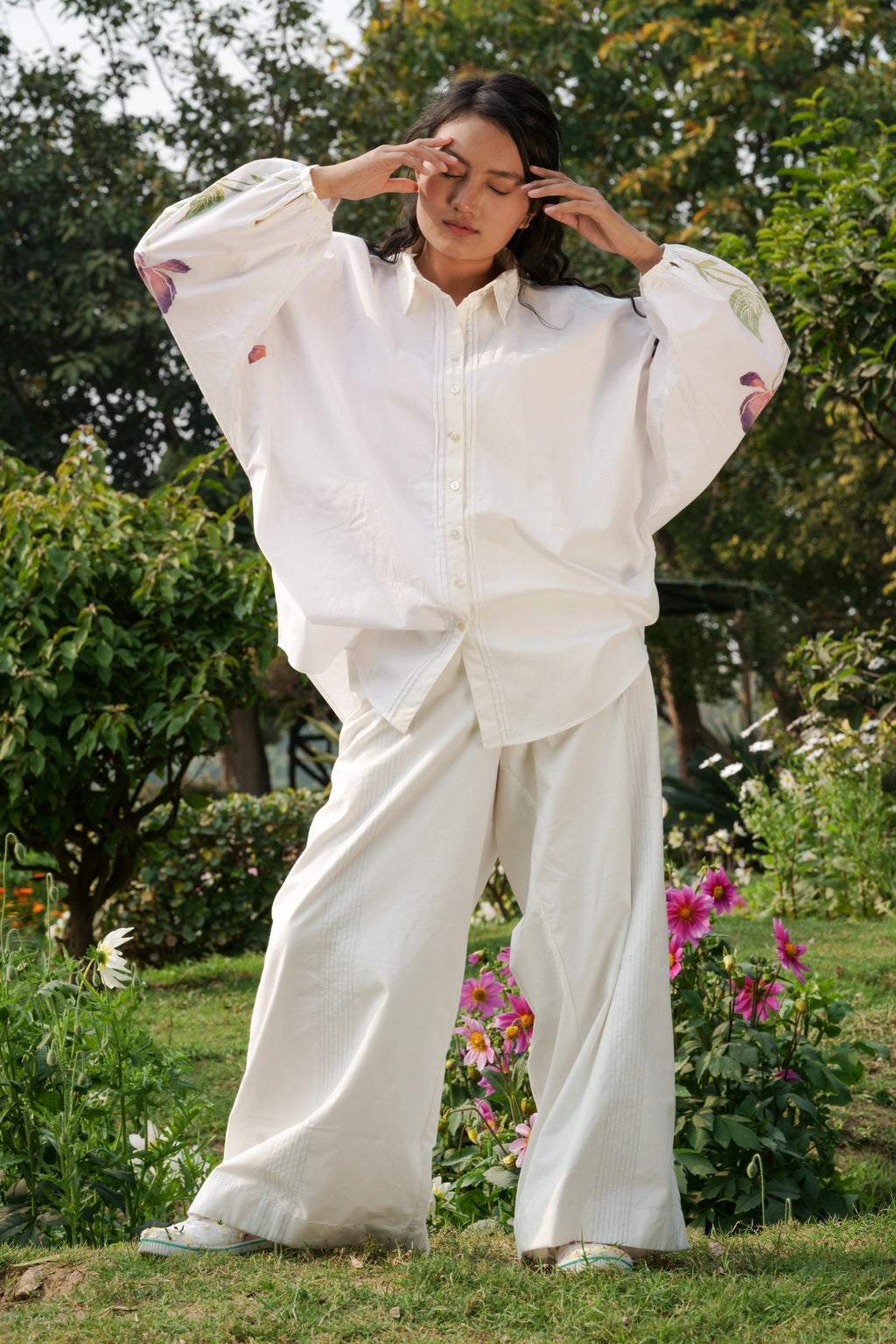 White Cotton Sleeve shirt by Ahmev with Batik, Casual Wear, Cottage Garden, Cottage Garden by Ahmev, Cotton, Hanpainted, July Sale, July Sale 2023, Natural, Prints, Regular Fit, Shirts, Tops, White, Womenswear at Kamakhyaa for sustainable fashion