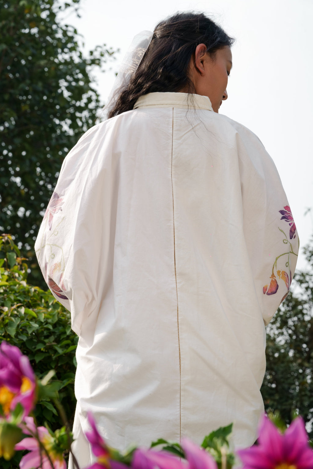 White Cotton Sleeve shirt by Ahmev with Batik, Casual Wear, Cottage Garden, Cottage Garden by Ahmev, Cotton, Hanpainted, July Sale, July Sale 2023, Natural, Prints, Regular Fit, Shirts, Tops, White, Womenswear at Kamakhyaa for sustainable fashion