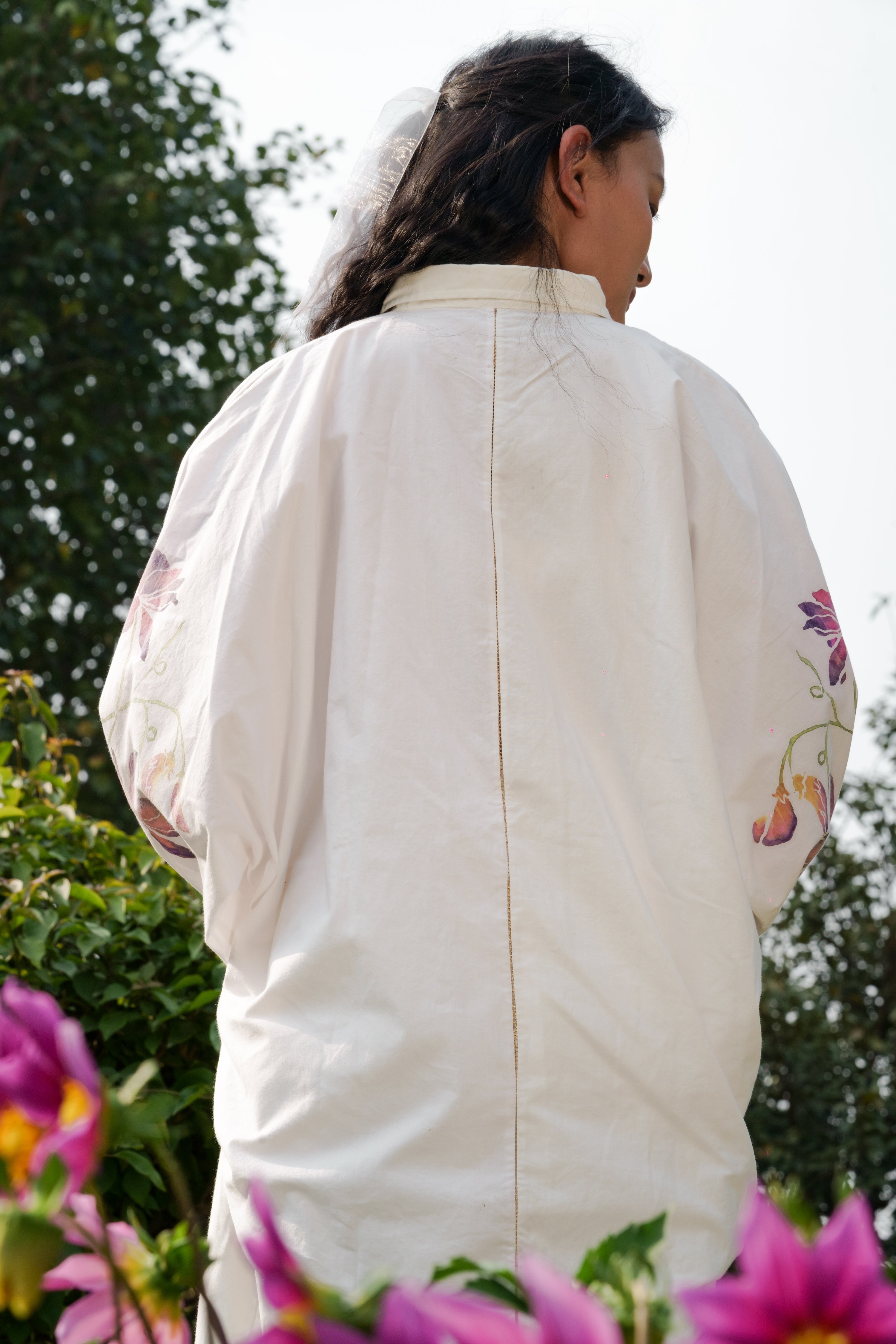 White Cotton Sleeve shirt by Ahmev with Batik, Casual Wear, Cottage Garden, Cottage Garden by Ahmev, Cotton, Hanpainted, July Sale, July Sale 2023, Natural, Prints, Regular Fit, Shirts, Tops, White, Womenswear at Kamakhyaa for sustainable fashion