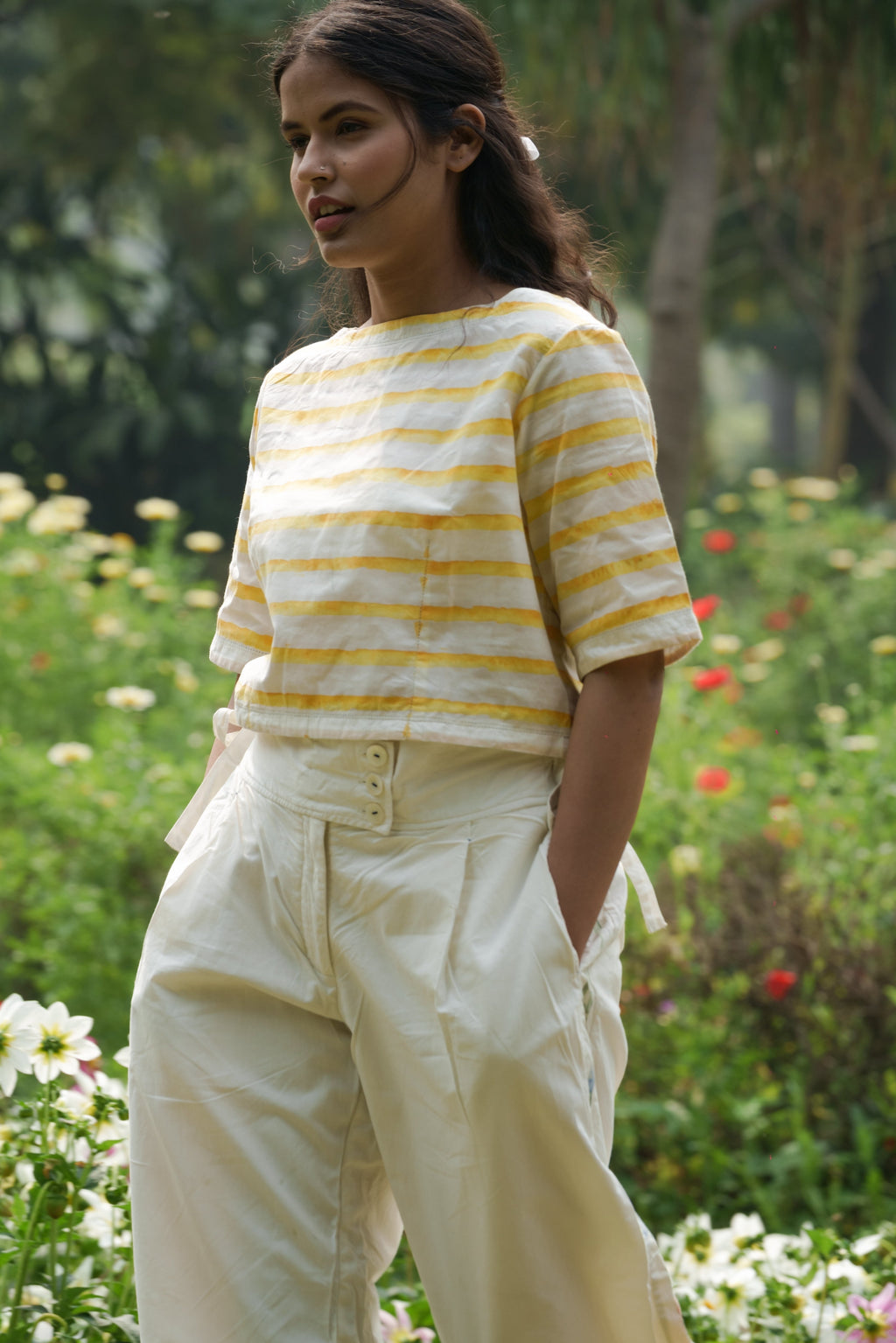 White Boatneck top by Ahmev with Casual Wear, Cottage Garden, Cottage Garden by Ahmev, Cotton, Crop Tops, July Sale, July Sale 2023, Natural, Relaxed Fit, Stripes, Tops, White, Womenswear, Yellow at Kamakhyaa for sustainable fashion