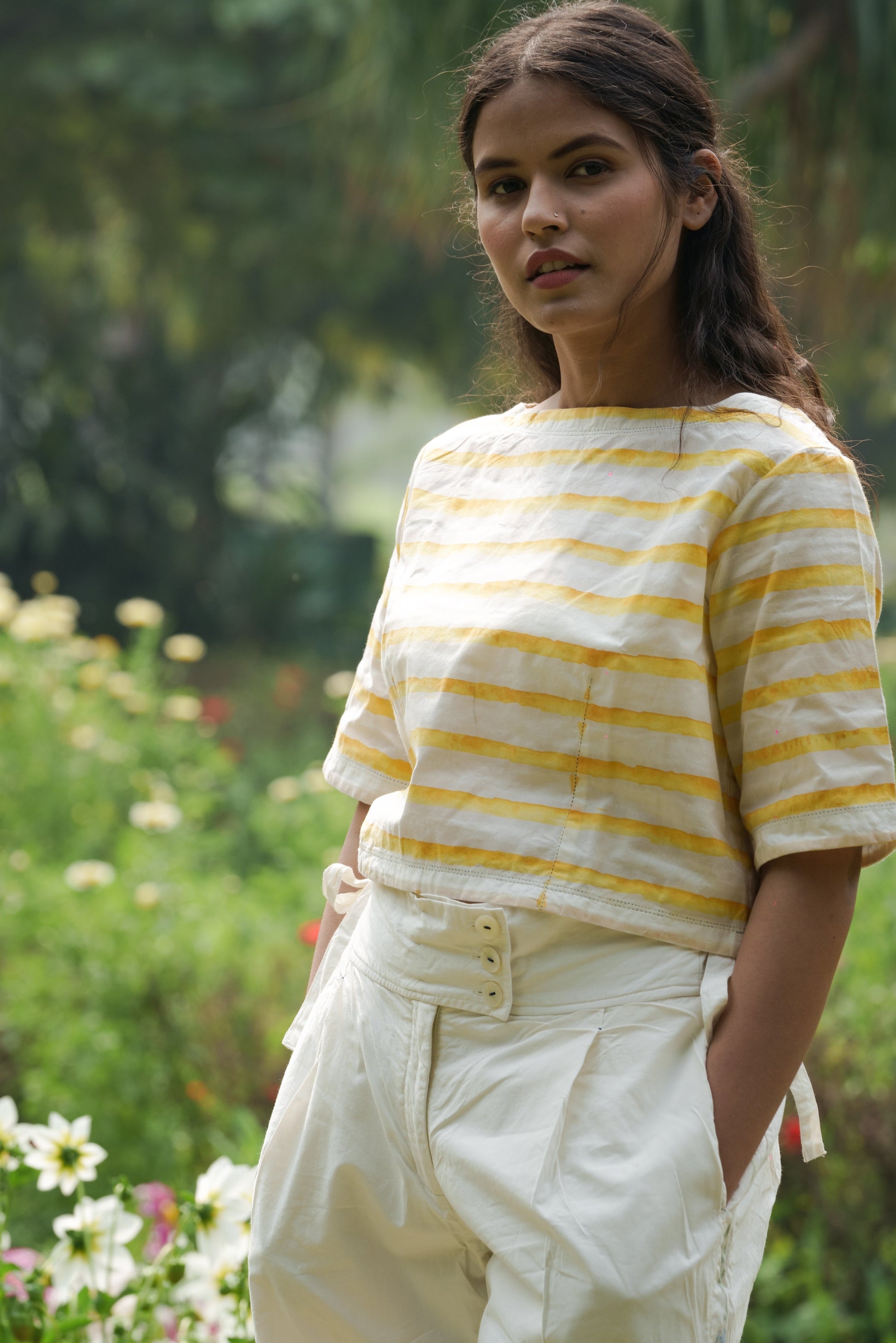 White Boatneck top by Ahmev with Casual Wear, Cottage Garden, Cottage Garden by Ahmev, Cotton, Crop Tops, July Sale, July Sale 2023, Natural, Relaxed Fit, Stripes, Tops, White, Womenswear, Yellow at Kamakhyaa for sustainable fashion