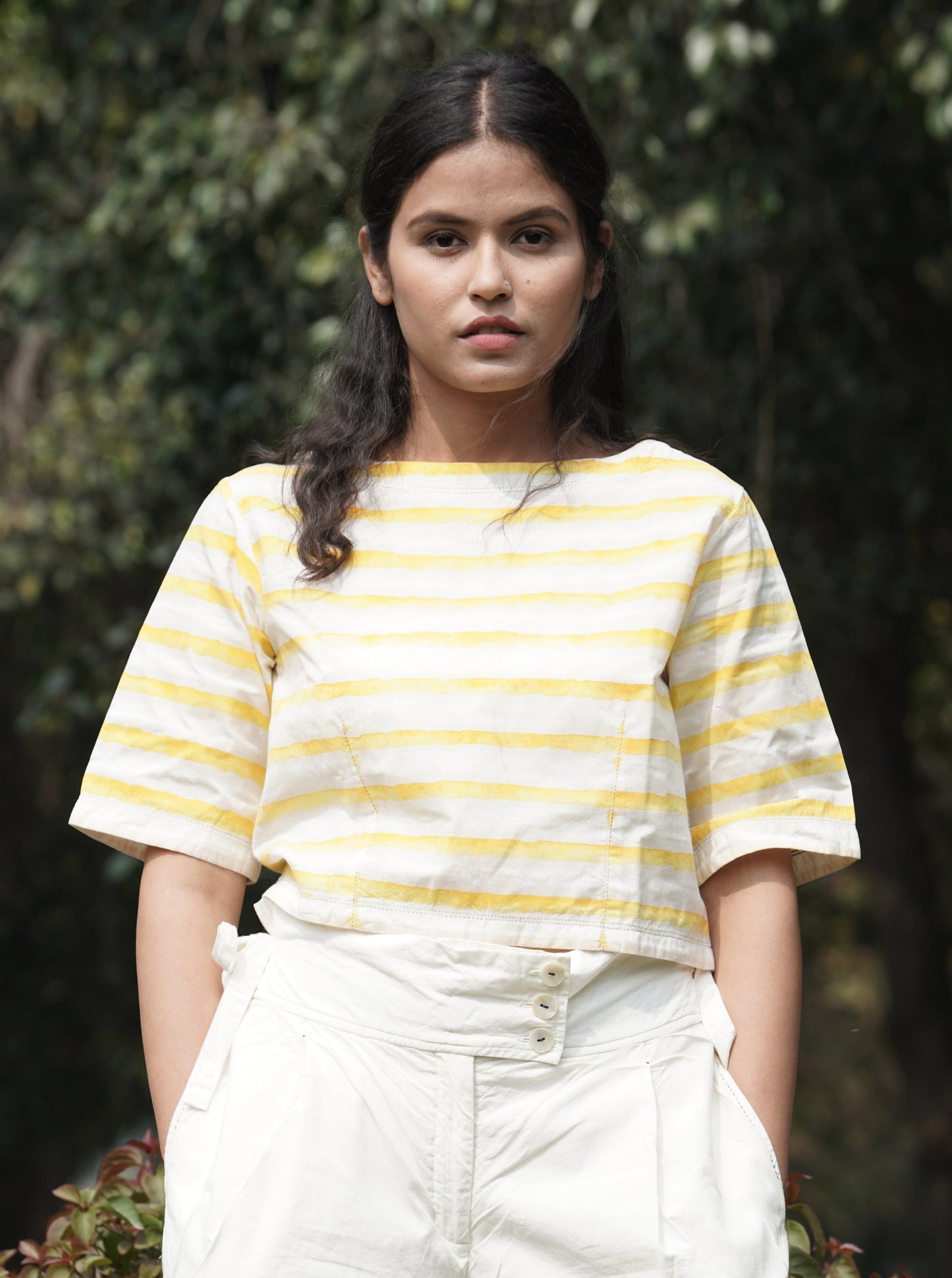 White Boatneck top by Ahmev with Casual Wear, Cottage Garden, Cottage Garden by Ahmev, Cotton, Crop Tops, July Sale, July Sale 2023, Natural, Relaxed Fit, Stripes, Tops, White, Womenswear, Yellow at Kamakhyaa for sustainable fashion
