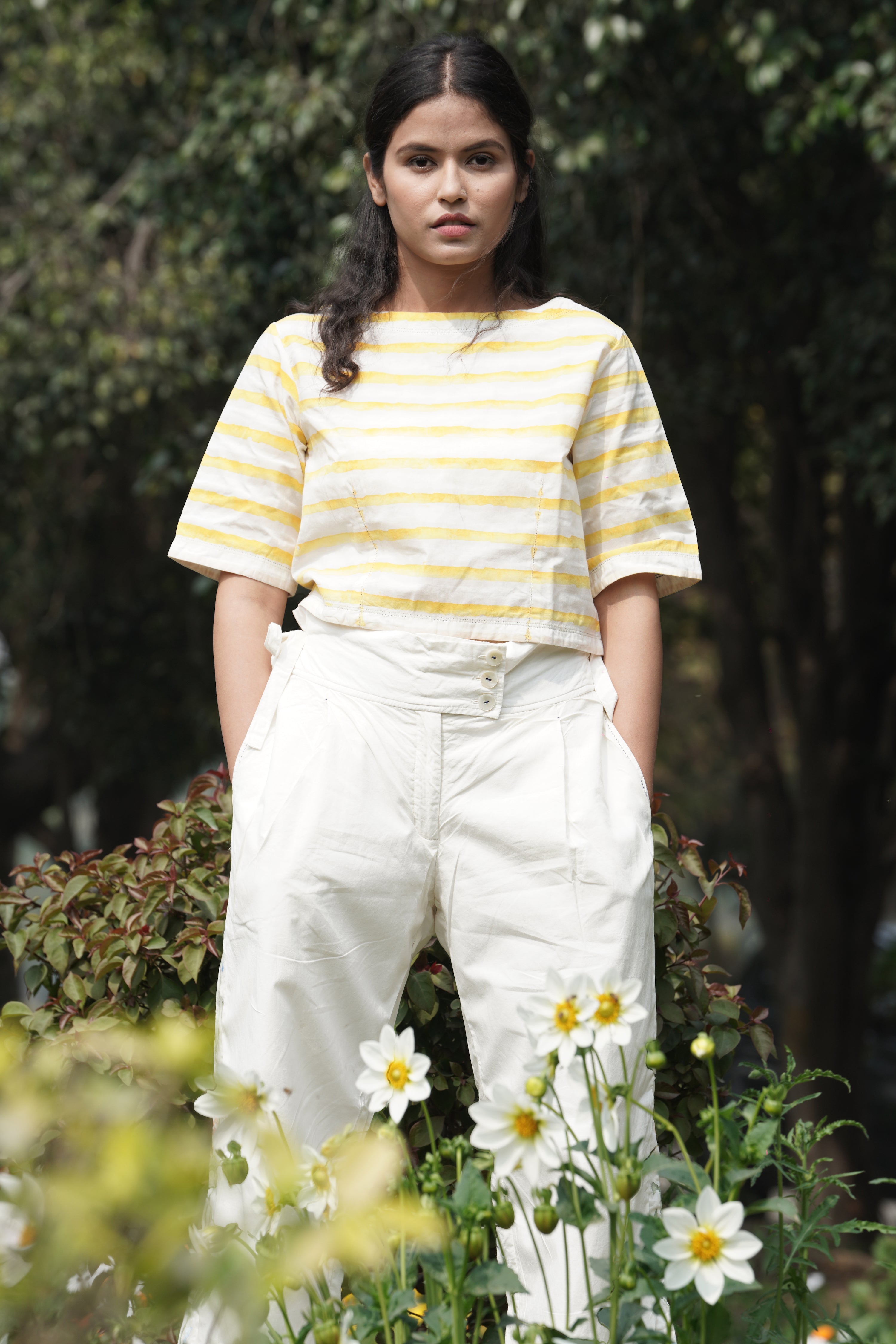 White Boatneck top by Ahmev with Casual Wear, Cottage Garden, Cottage Garden by Ahmev, Cotton, Crop Tops, July Sale, July Sale 2023, Natural, Relaxed Fit, Stripes, Tops, White, Womenswear, Yellow at Kamakhyaa for sustainable fashion