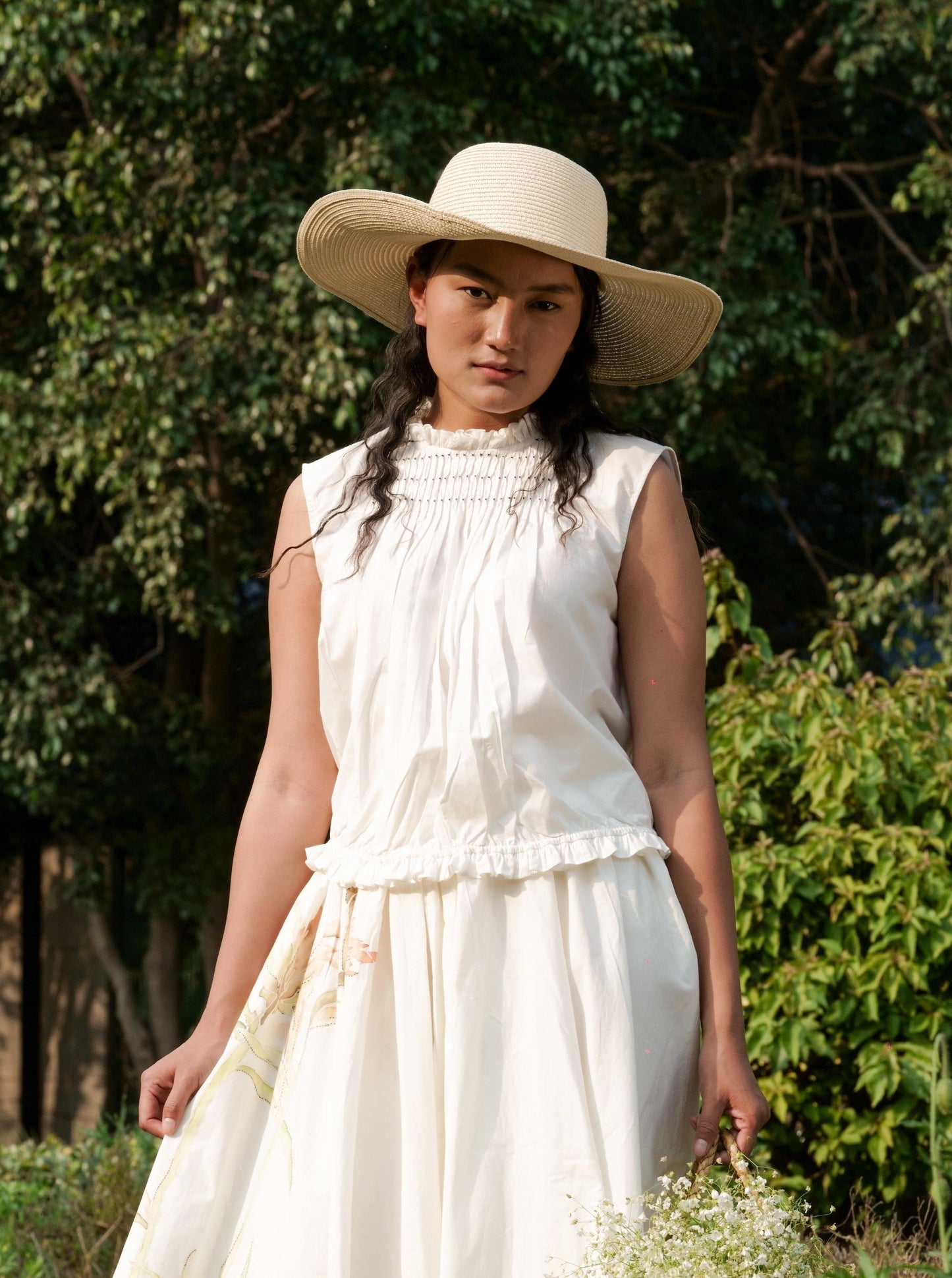White Tie-up Top Tops Cotton, Natural, Relaxed Fit, Shoulder Textured, Tops, Ahmev Kamakhyaa