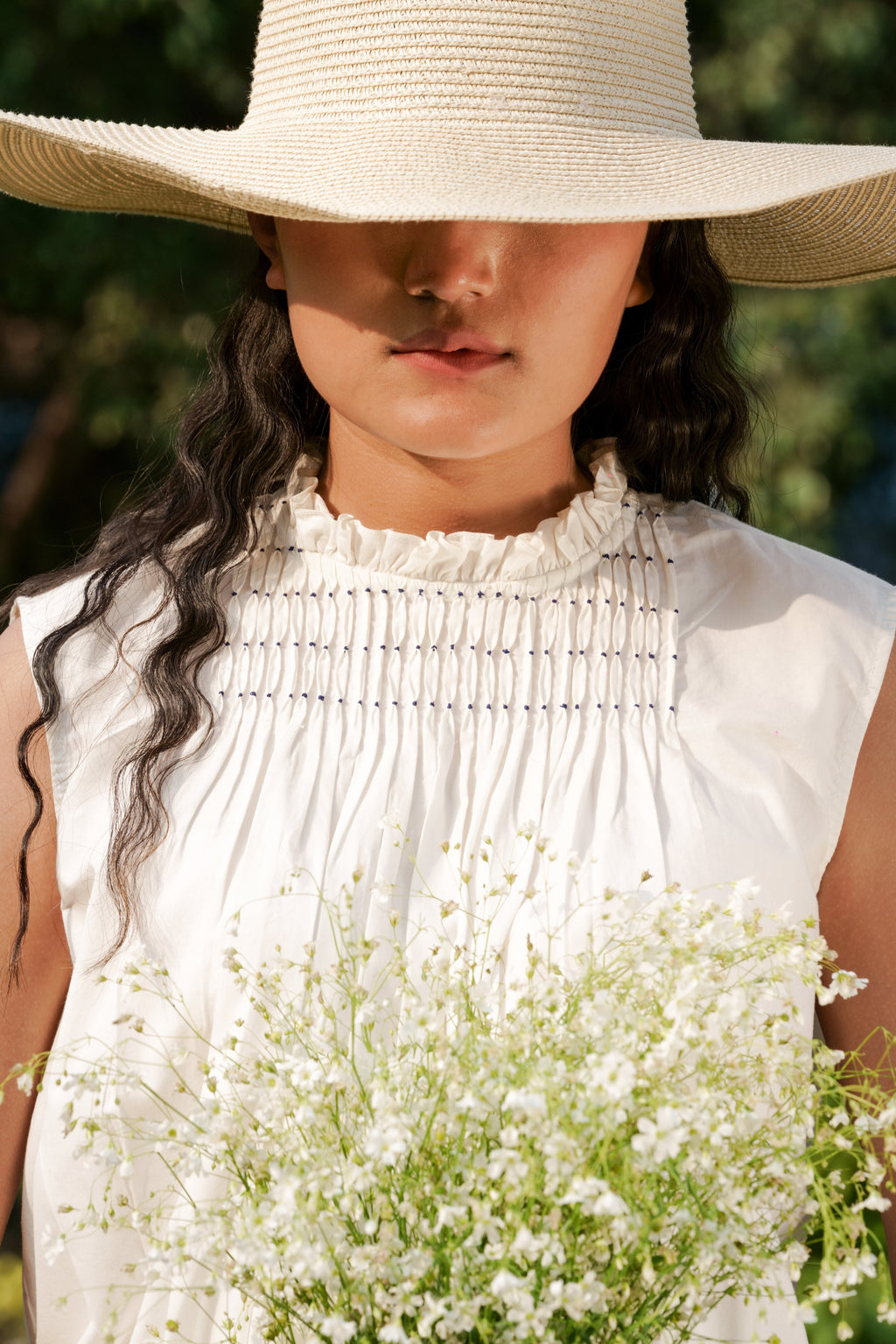 White Tie-up Top by Ahmev with Backless Tops, Casual Wear, Cottage Garden, Cottage Garden by Ahmev, Cotton, Highend fashion, July Sale, July Sale 2023, Natural, Relaxed Fit, Sleeveless Tops, Textured, Tops, White, Womenswear at Kamakhyaa for sustainable fashion