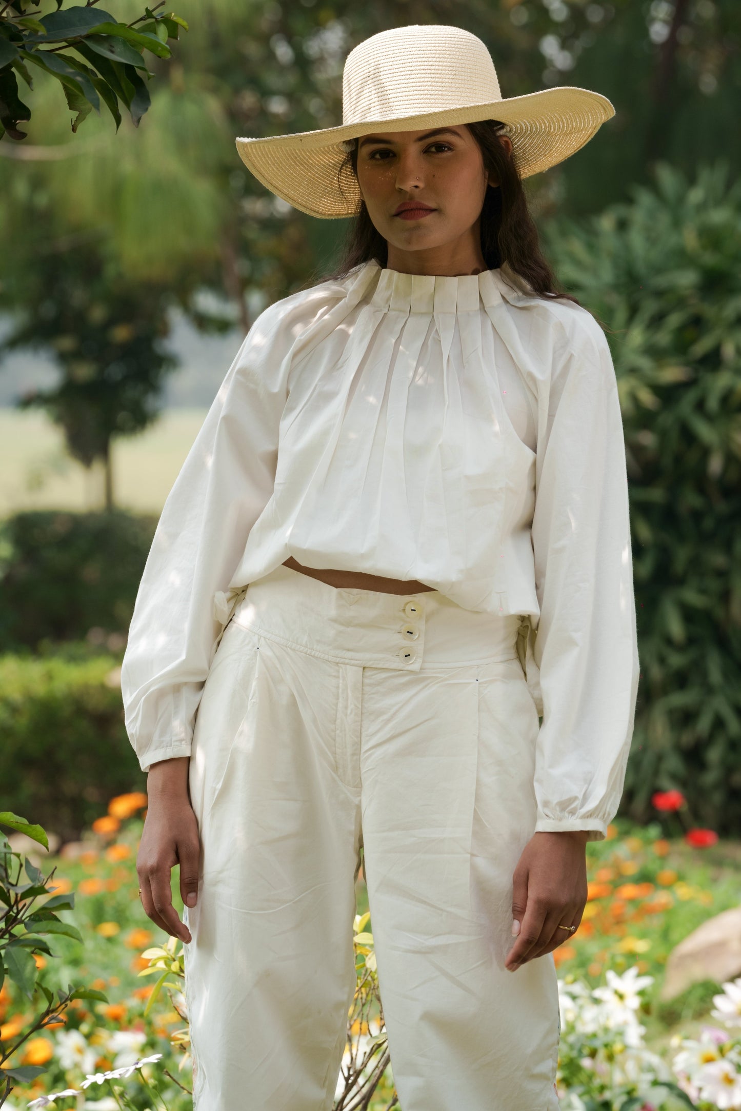 White Cotton Pleated Top by Ahmev with Casual Wear, Cottage Garden, Cottage Garden by Ahmev, Cotton, Crop Tops, July Sale, July Sale 2023, Natural, Relaxed Fit, Solids, Tops, White, Womenswear at Kamakhyaa for sustainable fashion