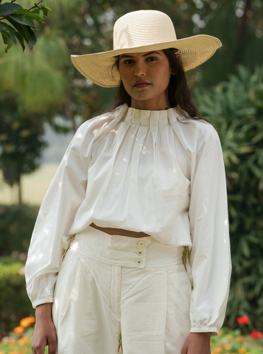 White Cotton Pleated Top by Ahmev with Casual Wear, Cottage Garden, Cottage Garden by Ahmev, Cotton, Crop Tops, July Sale, July Sale 2023, Natural, Relaxed Fit, Solids, Tops, White, Womenswear at Kamakhyaa for sustainable fashion