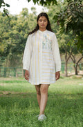White Cotton Shirt by Ahmev with Batik, Casual Wear, Cottage Garden, Cottage Garden by Ahmev, Cotton, FB ADS JUNE, Handpainted, July Sale, July Sale 2023, Natural, Relaxed Fit, Shirt Dresses, Shirts, Stripes, White, Womenswear at Kamakhyaa for sustainable fashion