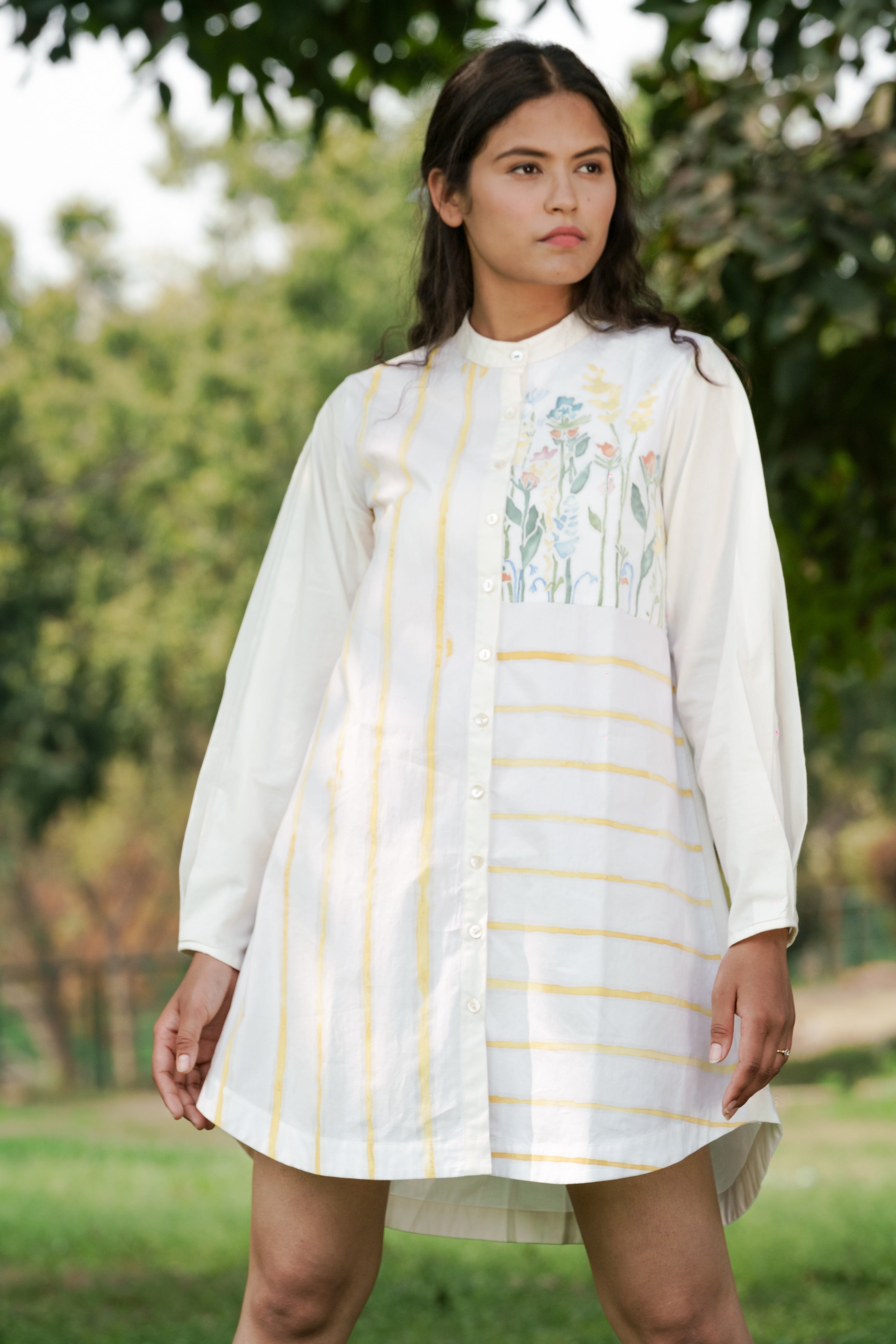 White Cotton Shirt by Ahmev with Batik, Casual Wear, Cottage Garden, Cottage Garden by Ahmev, Cotton, FB ADS JUNE, Handpainted, July Sale, July Sale 2023, Natural, Relaxed Fit, Shirt Dresses, Shirts, Stripes, White, Womenswear at Kamakhyaa for sustainable fashion