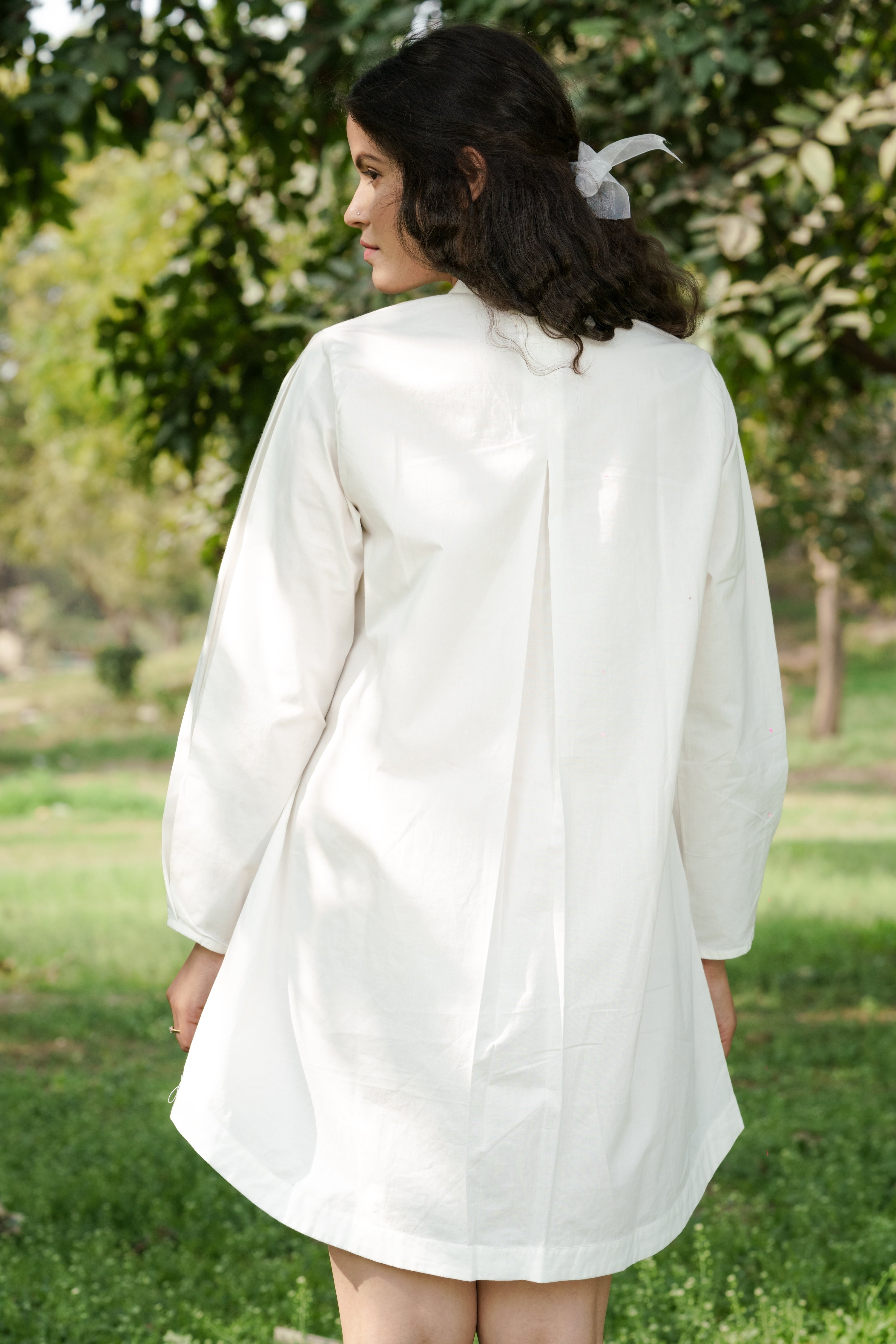 White Cotton Shirt by Ahmev with Batik, Casual Wear, Cottage Garden, Cottage Garden by Ahmev, Cotton, FB ADS JUNE, Handpainted, July Sale, July Sale 2023, Natural, Relaxed Fit, Shirt Dresses, Shirts, Stripes, White, Womenswear at Kamakhyaa for sustainable fashion