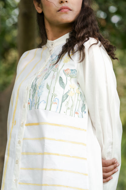 White Cotton Shirt by Ahmev with Batik, Casual Wear, Cottage Garden, Cottage Garden by Ahmev, Cotton, FB ADS JUNE, Handpainted, July Sale, July Sale 2023, Natural, Relaxed Fit, Shirt Dresses, Shirts, Stripes, White, Womenswear at Kamakhyaa for sustainable fashion