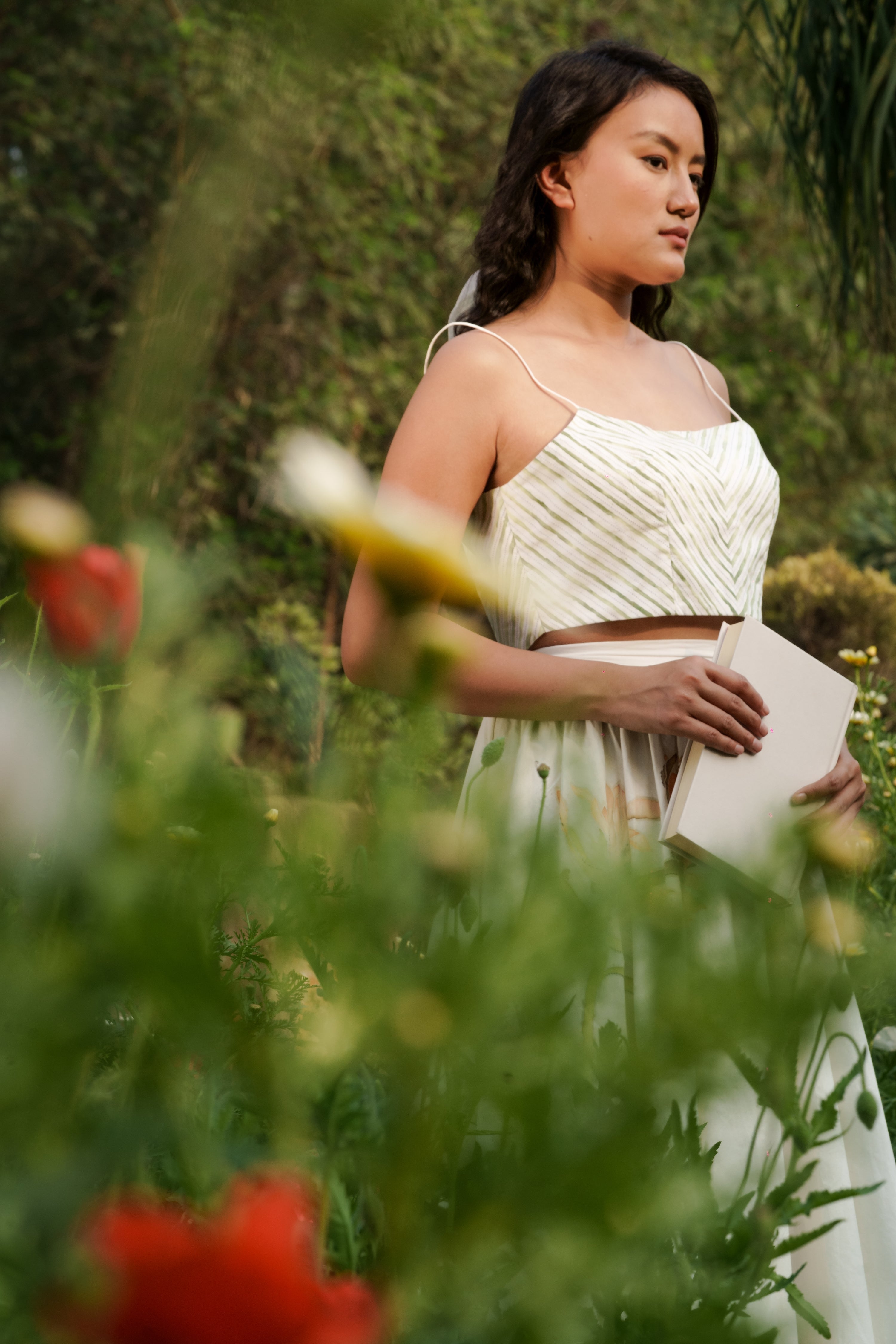 White Strap Top by Ahmev with Casual Wear, Cottage Garden, Cottage Garden by Ahmev, Cotton, Fitted At Bust, Highend fashion, July Sale, July Sale 2023, Natural, Solids, Spaghettis, Tops, White, Womenswear at Kamakhyaa for sustainable fashion