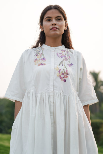 White Dress by Ahmev with Batik, Casual Wear, Cottage Garden, Cottage Garden by Ahmev, Cotton, Embroidered, FB ADS JUNE, Handpainted, July Sale, July Sale 2023, Midi Dresses, Natural, Prints, Relaxed Fit, Shirt Dresses, White, Womenswear at Kamakhyaa for sustainable fashion