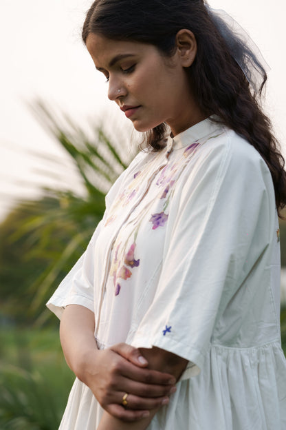 White Dress by Ahmev with Batik, Casual Wear, Cottage Garden, Cottage Garden by Ahmev, Cotton, Embroidered, FB ADS JUNE, Handpainted, July Sale, July Sale 2023, Midi Dresses, Natural, Prints, Relaxed Fit, Shirt Dresses, White, Womenswear at Kamakhyaa for sustainable fashion