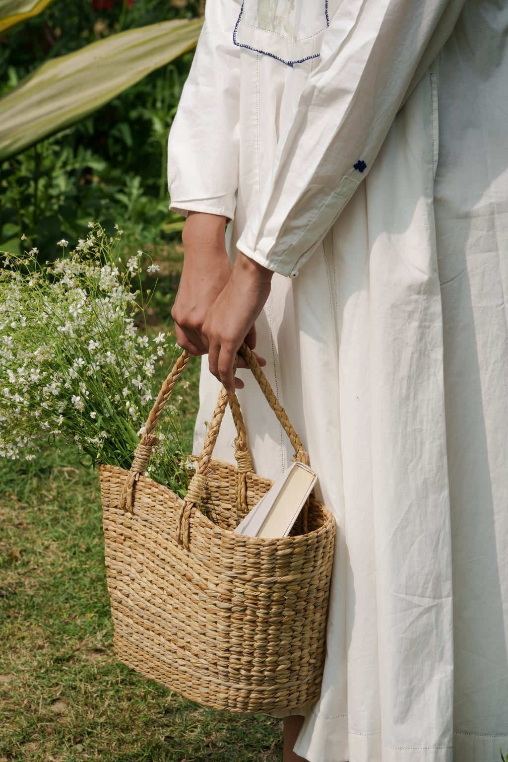 White Cotton Maxi Dress by Ahmev with Casual Wear, Cottage Garden, Cottage Garden by Ahmev, Cotton, July Sale, July Sale 2023, Midi Dresses, Natural, Relaxed Fit, Silk Organza, Solids, White, Womenswear at Kamakhyaa for sustainable fashion