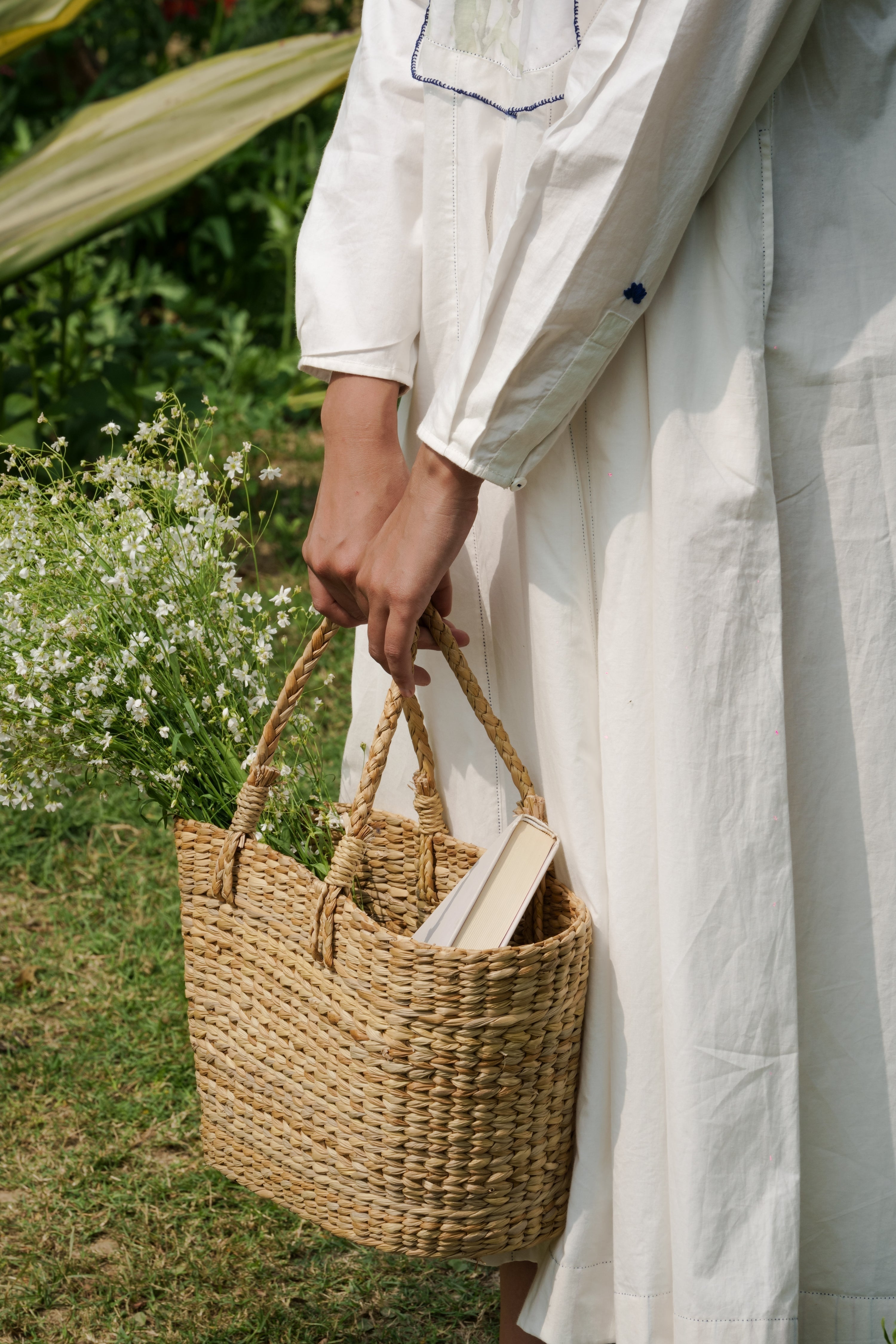 White Cotton Maxi Dress by Ahmev with Casual Wear, Cottage Garden, Cottage Garden by Ahmev, Cotton, July Sale, July Sale 2023, Midi Dresses, Natural, Relaxed Fit, Silk Organza, Solids, White, Womenswear at Kamakhyaa for sustainable fashion