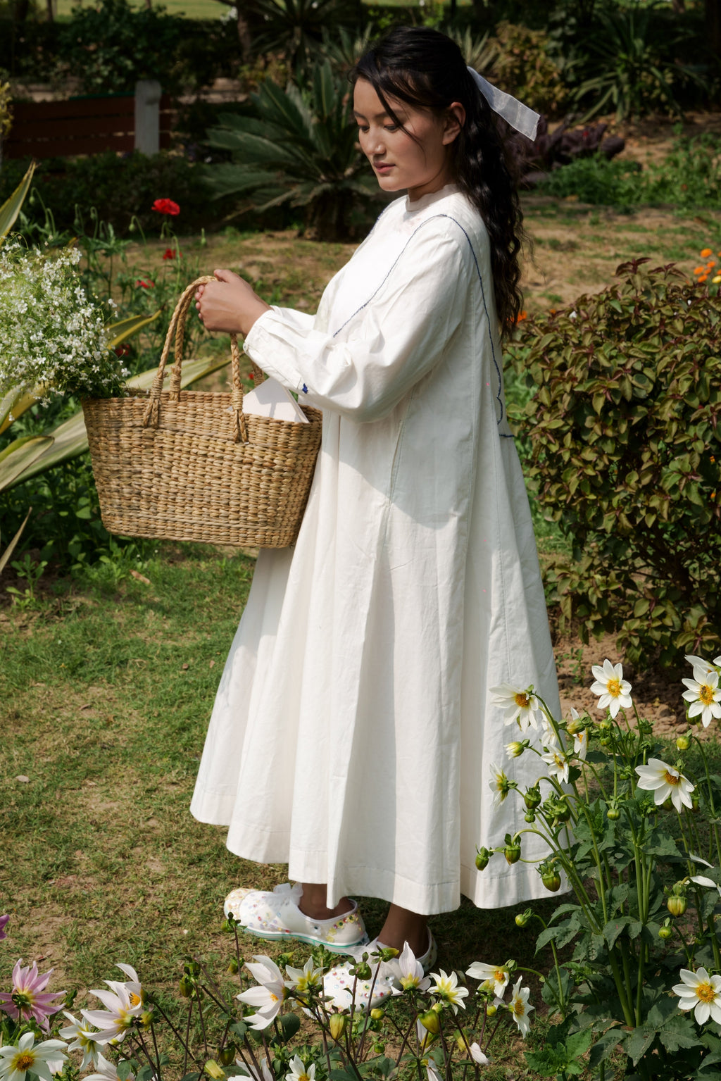 White Cotton Maxi Dress by Ahmev with Casual Wear, Cottage Garden, Cottage Garden by Ahmev, Cotton, July Sale, July Sale 2023, Midi Dresses, Natural, Relaxed Fit, Silk Organza, Solids, White, Womenswear at Kamakhyaa for sustainable fashion