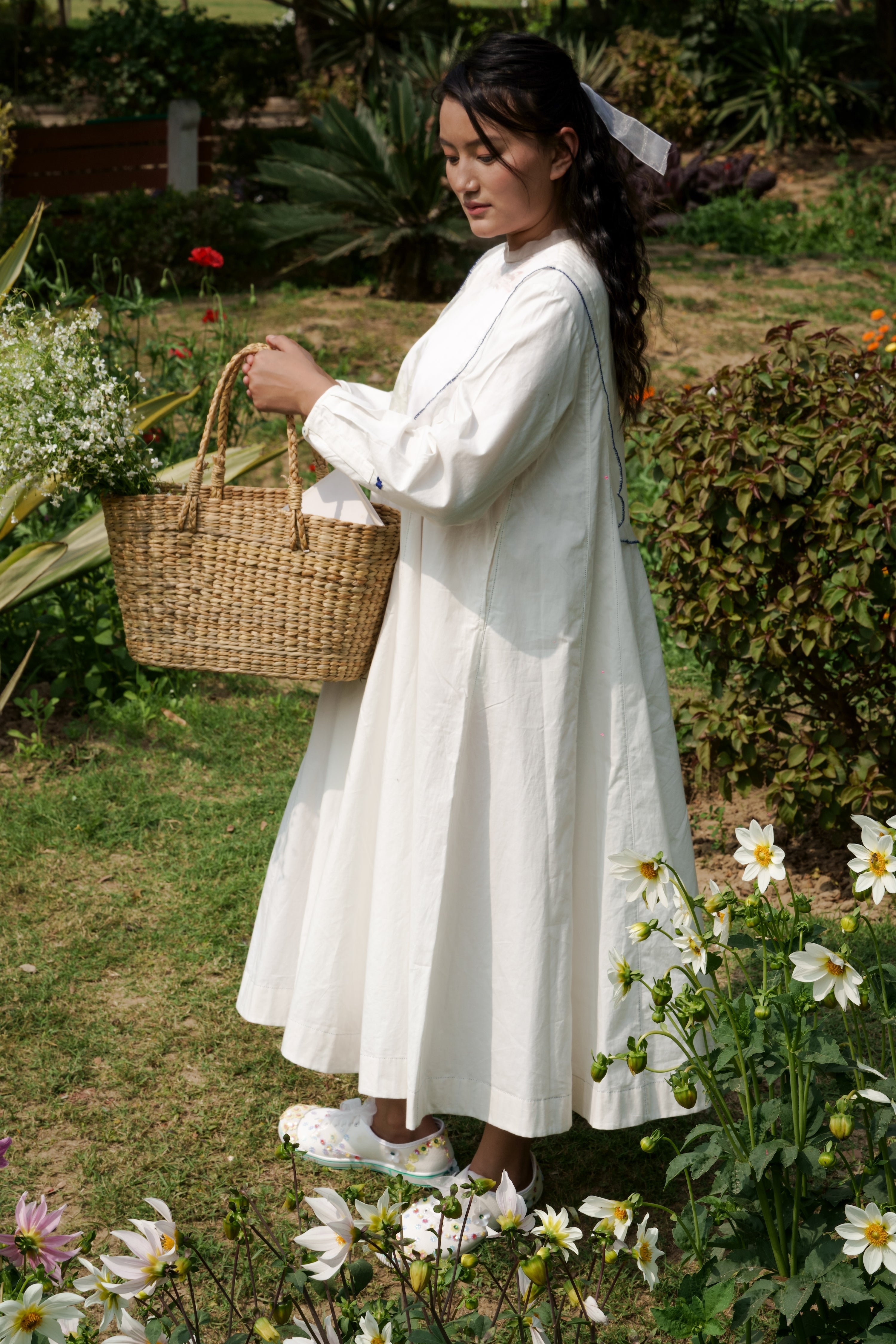 White Cotton Maxi Dress by Ahmev with Casual Wear, Cottage Garden, Cottage Garden by Ahmev, Cotton, July Sale, July Sale 2023, Midi Dresses, Natural, Relaxed Fit, Silk Organza, Solids, White, Womenswear at Kamakhyaa for sustainable fashion