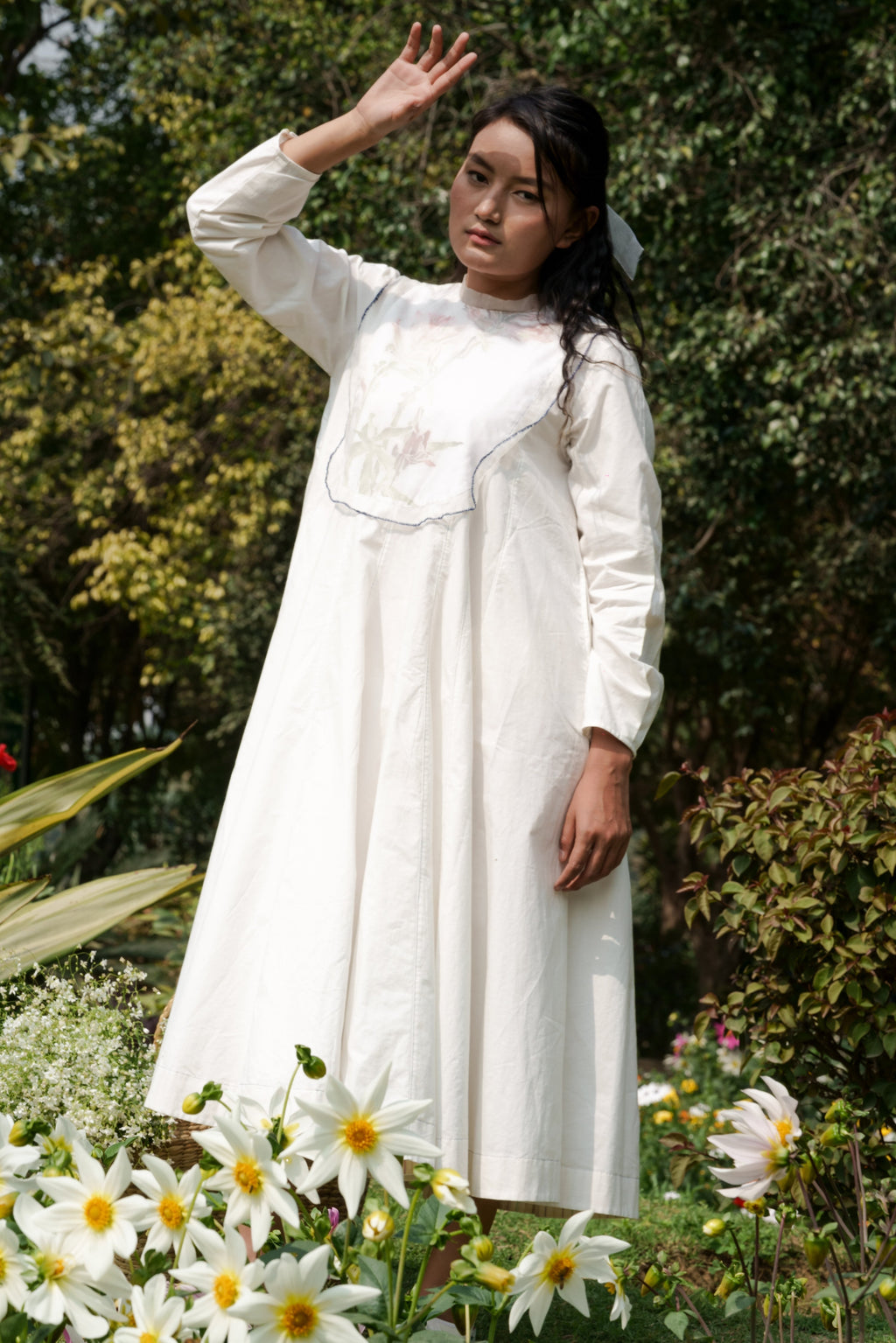 White Cotton Maxi Dress by Ahmev with Casual Wear, Cottage Garden, Cottage Garden by Ahmev, Cotton, July Sale, July Sale 2023, Midi Dresses, Natural, Relaxed Fit, Silk Organza, Solids, White, Womenswear at Kamakhyaa for sustainable fashion