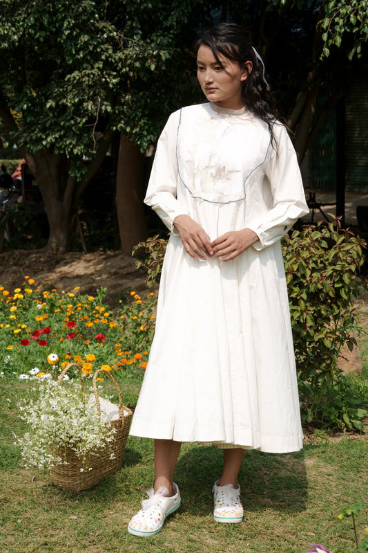 White Cotton Maxi Dress by Ahmev with Casual Wear, Cottage Garden, Cottage Garden by Ahmev, Cotton, July Sale, July Sale 2023, Midi Dresses, Natural, Relaxed Fit, Silk Organza, Solids, White, Womenswear at Kamakhyaa for sustainable fashion