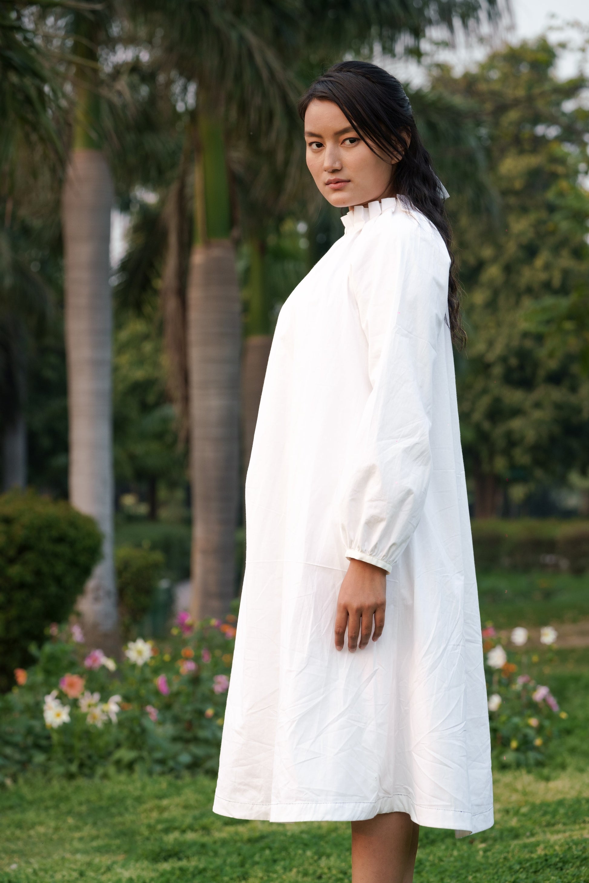 White Cotton Long Dress by Ahmev with Casual Wear, Cottage Garden, Cottage Garden by Ahmev, Cotton, July Sale, July Sale 2023, Midi Dresses, Natural, Relaxed Fit, Solids, White, Womenswear at Kamakhyaa for sustainable fashion