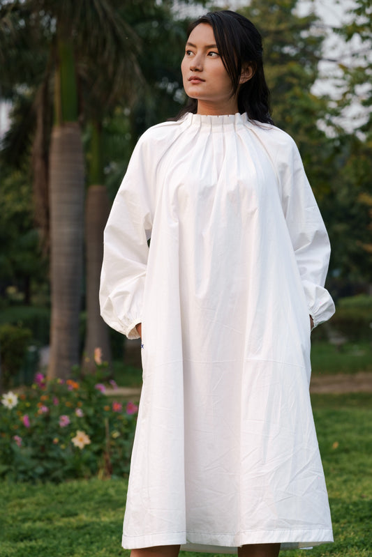 White Cotton Long Dress by Ahmev with Casual Wear, Cottage Garden, Cottage Garden by Ahmev, Cotton, July Sale, July Sale 2023, Midi Dresses, Natural, Relaxed Fit, Solids, White, Womenswear at Kamakhyaa for sustainable fashion