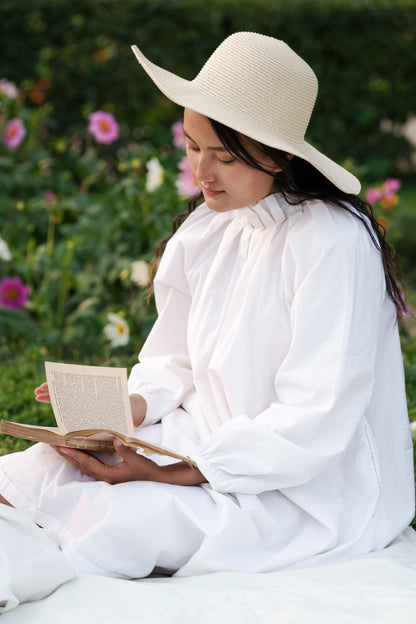 White Cotton Long Dress by Ahmev with Casual Wear, Cottage Garden, Cottage Garden by Ahmev, Cotton, July Sale, July Sale 2023, Midi Dresses, Natural, Relaxed Fit, Solids, White, Womenswear at Kamakhyaa for sustainable fashion