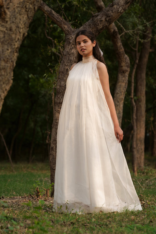 White Silk Organza & Sheer Long Dress by Ahmev with Casual Wear, Cottage Garden, Cottage Garden by Ahmev, Cotton, FB ADS JUNE, Fitted At Waist, Halter Neck Dresses, July Sale, July Sale 2023, Maxi Dresses, Natural, Silk Organza, Solids, White, Womenswear at Kamakhyaa for sustainable fashion