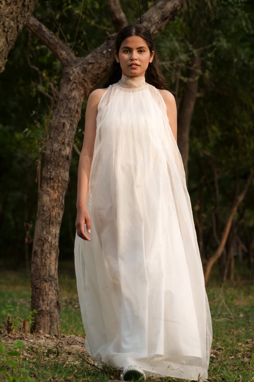 White Silk Organza & Sheer Long Dress by Ahmev with Casual Wear, Cottage Garden, Cottage Garden by Ahmev, Cotton, FB ADS JUNE, Fitted At Waist, Halter Neck Dresses, July Sale, July Sale 2023, Maxi Dresses, Natural, Silk Organza, Solids, White, Womenswear at Kamakhyaa for sustainable fashion
