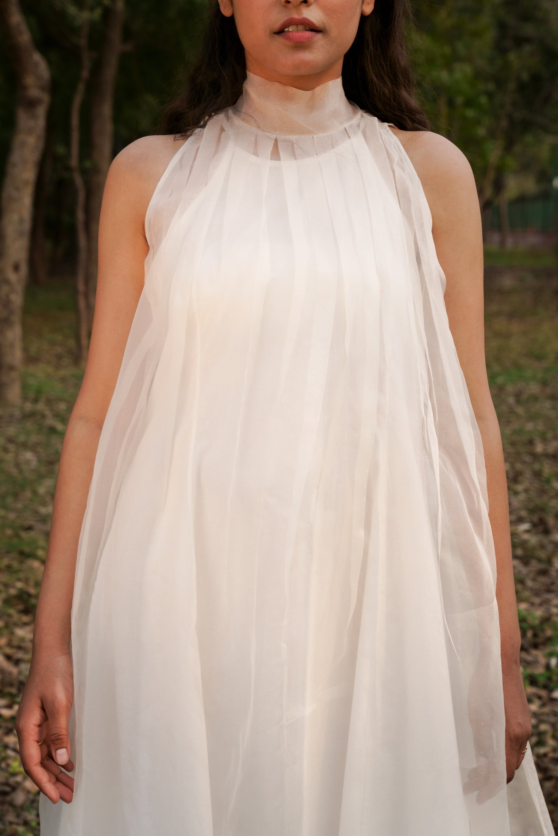 White Silk Organza & Sheer Long Dress by Ahmev with Casual Wear, Cottage Garden, Cottage Garden by Ahmev, Cotton, FB ADS JUNE, Fitted At Waist, Halter Neck Dresses, July Sale, July Sale 2023, Maxi Dresses, Natural, Silk Organza, Solids, White, Womenswear at Kamakhyaa for sustainable fashion