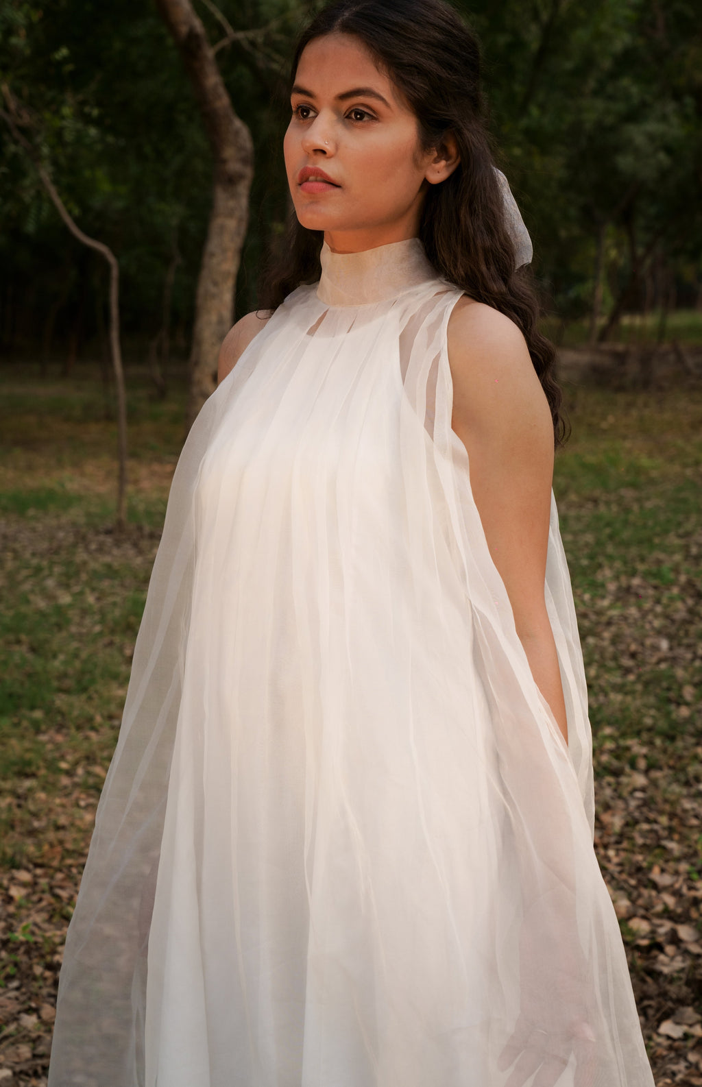 White Silk Organza & Sheer Long Dress by Ahmev with Casual Wear, Cottage Garden, Cottage Garden by Ahmev, Cotton, FB ADS JUNE, Fitted At Waist, Halter Neck Dresses, July Sale, July Sale 2023, Maxi Dresses, Natural, Silk Organza, Solids, White, Womenswear at Kamakhyaa for sustainable fashion