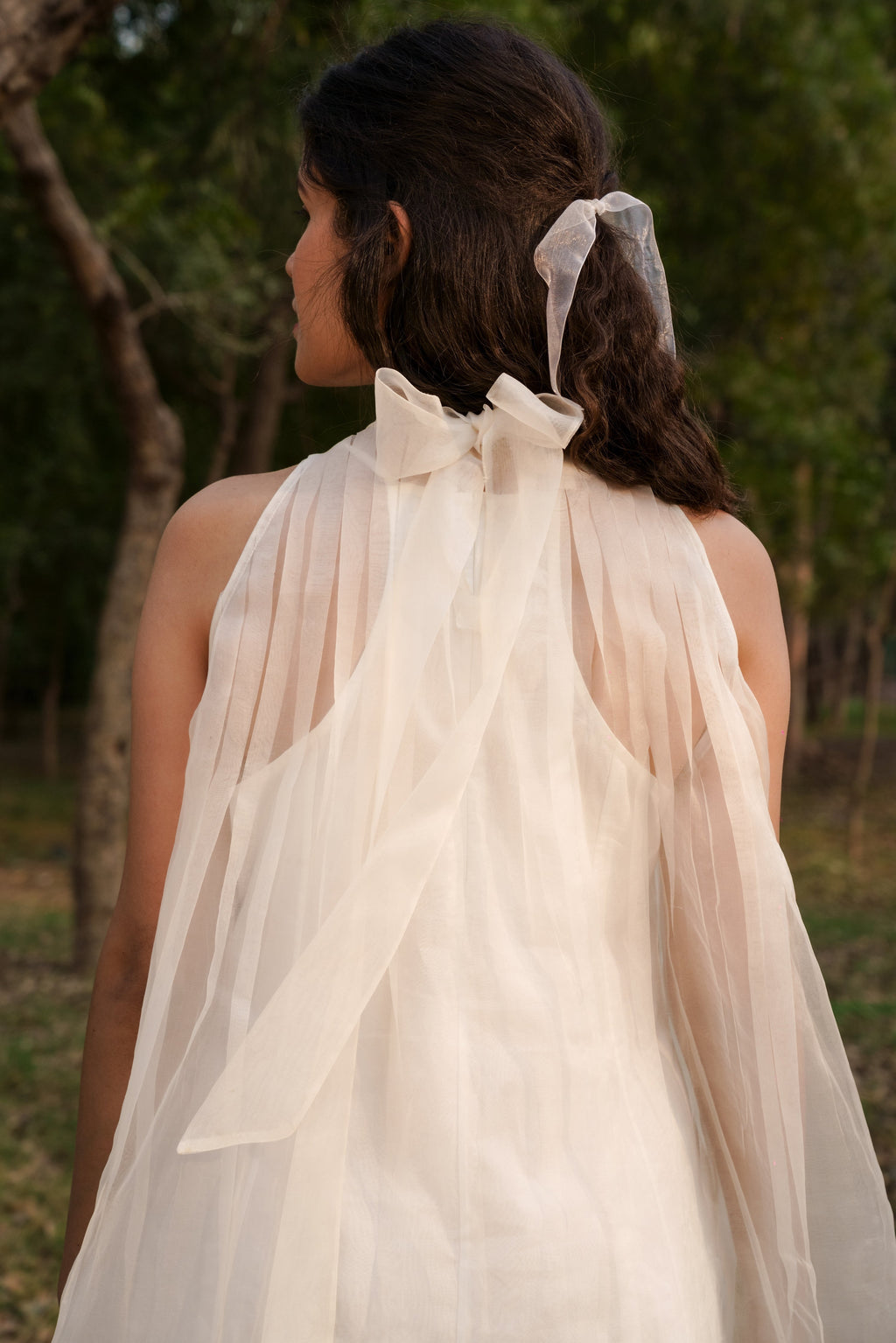 White Silk Organza & Sheer Long Dress by Ahmev with Casual Wear, Cottage Garden, Cottage Garden by Ahmev, Cotton, FB ADS JUNE, Fitted At Waist, Halter Neck Dresses, July Sale, July Sale 2023, Maxi Dresses, Natural, Silk Organza, Solids, White, Womenswear at Kamakhyaa for sustainable fashion