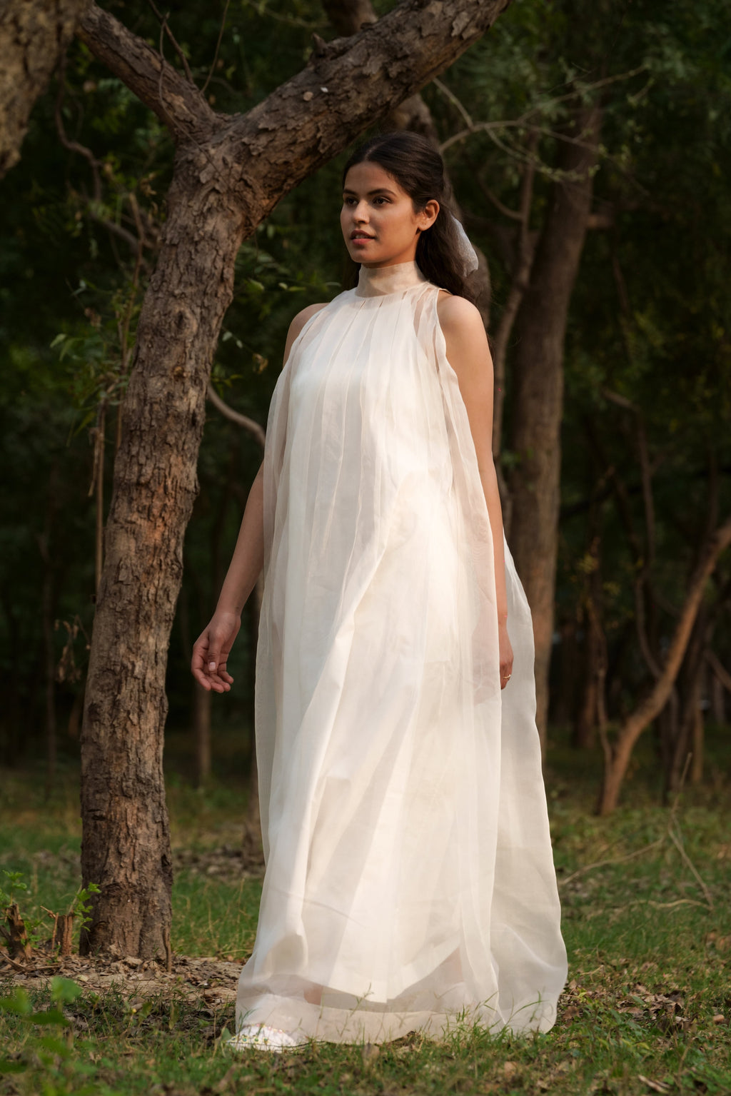 White Silk Organza & Sheer Long Dress by Ahmev with Casual Wear, Cottage Garden, Cottage Garden by Ahmev, Cotton, FB ADS JUNE, Fitted At Waist, Halter Neck Dresses, July Sale, July Sale 2023, Maxi Dresses, Natural, Silk Organza, Solids, White, Womenswear at Kamakhyaa for sustainable fashion