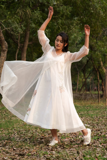 White Silk Organza Dress with Slip by Ahmev with Casual Wear, Cottage Garden, Cottage Garden by Ahmev, Cotton, FB ADS JUNE, July Sale, July Sale 2023, Midi Dresses, Natural, Relaxed Fit, Solids, White, Womenswear at Kamakhyaa for sustainable fashion