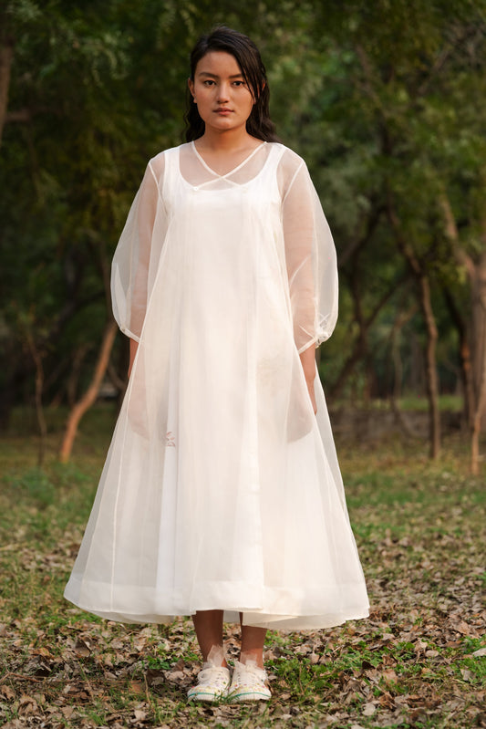 White Silk Organza Dress with Slip by Ahmev with Casual Wear, Cottage Garden, Cottage Garden by Ahmev, Cotton, FB ADS JUNE, July Sale, July Sale 2023, Midi Dresses, Natural, Relaxed Fit, Solids, White, Womenswear at Kamakhyaa for sustainable fashion