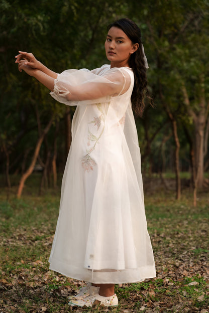 White Silk Organza Dress with Slip by Ahmev with Casual Wear, Cottage Garden, Cottage Garden by Ahmev, Cotton, FB ADS JUNE, July Sale, July Sale 2023, Midi Dresses, Natural, Relaxed Fit, Solids, White, Womenswear at Kamakhyaa for sustainable fashion