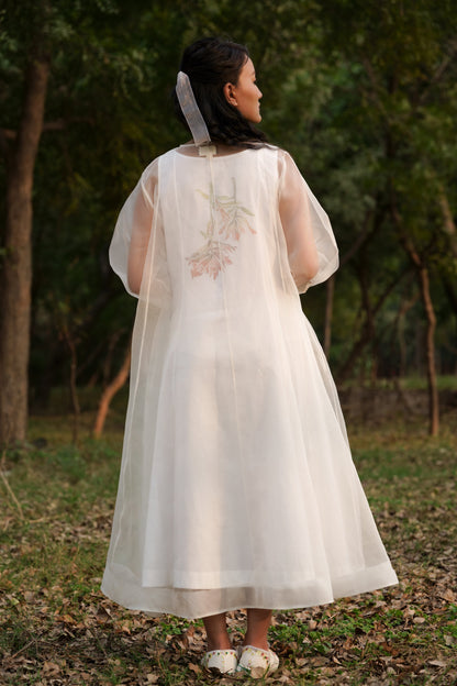 White Silk Organza Dress with Slip by Ahmev with Casual Wear, Cottage Garden, Cottage Garden by Ahmev, Cotton, FB ADS JUNE, July Sale, July Sale 2023, Midi Dresses, Natural, Relaxed Fit, Solids, White, Womenswear at Kamakhyaa for sustainable fashion